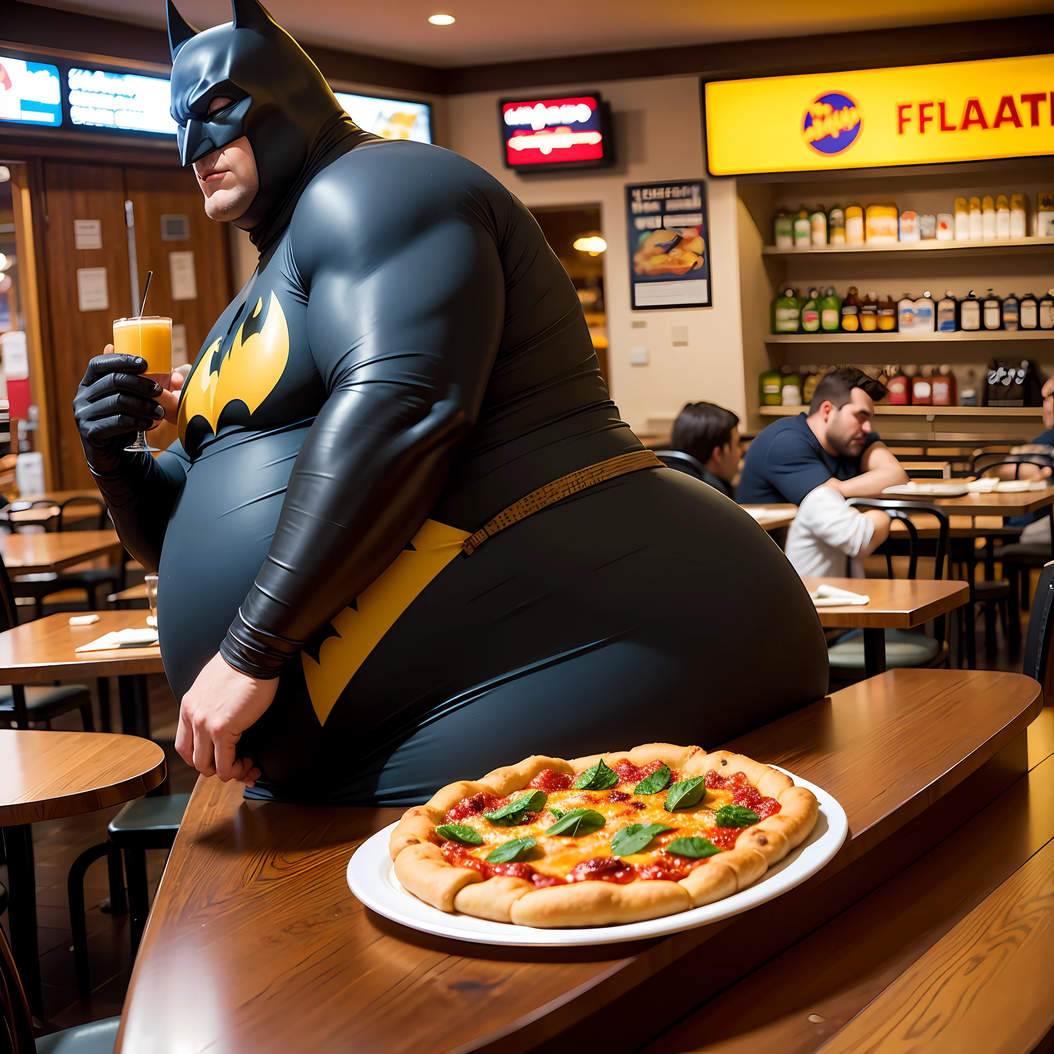 Fat batman, In a pizzeria, lazy