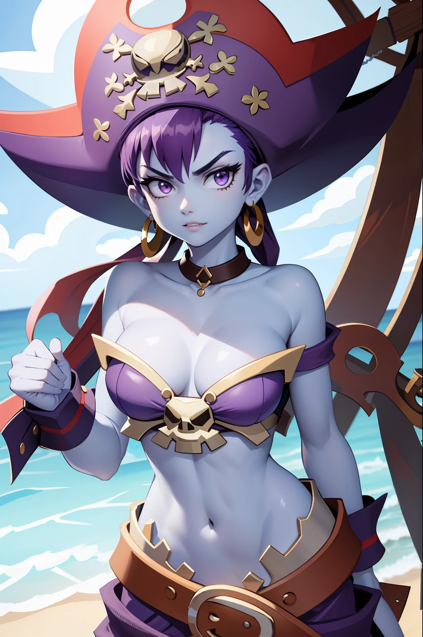 masterpiece, best quality, risky, blue skin, pirate hat, choker, wrist cuffs, hoop earrings, bustier, belt, purple pants, upper body, looking at viewer, furrowed brow, clenched teeth, ocean, pirate ship