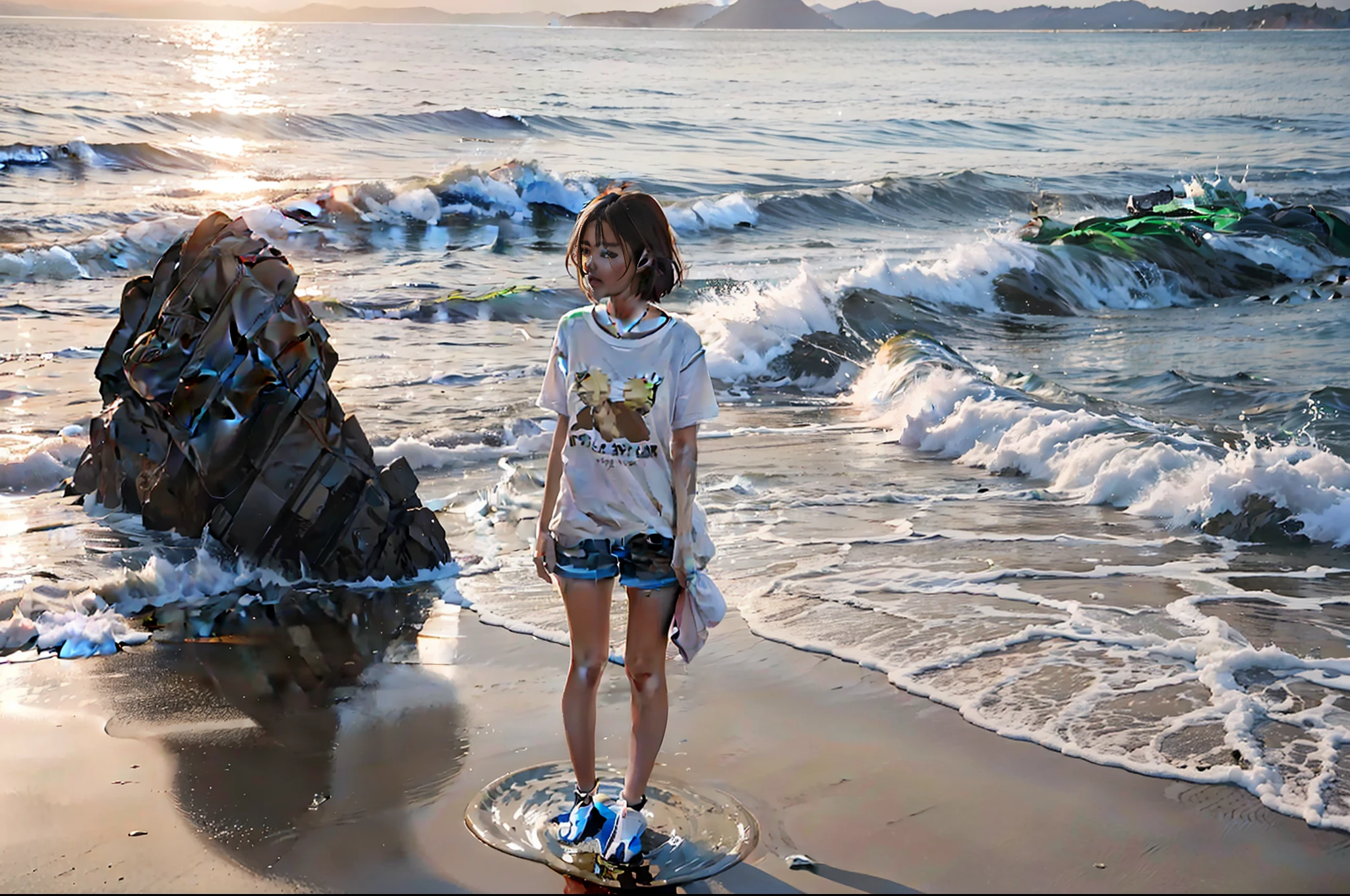 Girl in t-shirt, girl shot in 85 fixed focus, girl standing on golden sand by the sea, the sky is the sky at sunrise,