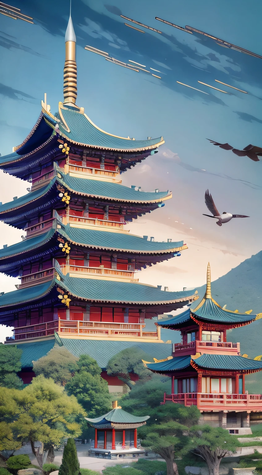 Ancient buildings, Loulan Ancient Kingdom, Chinese style, bird's eye view pavilions, fairyland, many temples, cyberpunk Chinese architecture, Ross Tran. Landscape background, WLOP and Ross Tran, Gouviz style artwork, Andreas Rocha style, inspired by Andreas Rocha, illustrated matte painting, digital painting of the pagoda, WLOP style, 8K high quality detail art, beautiful digital artwork, Sylvain Sarrell and Igor Mosky --auto --s2