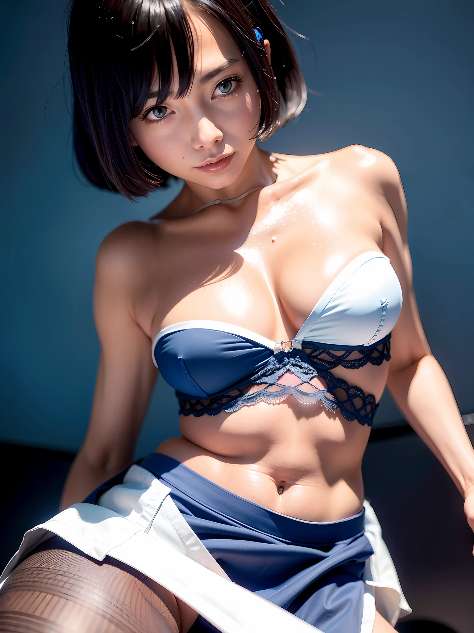 [Photorealistic], morning, dark blue wall, medium size breast, slender body, full body, real beautiful Japan old woman, perfect face, perfect double, black eyes, (((spreading legs open wide with knees ben))), biting lips, ((((white skirt)))), dark blue mesh bra, lace damp bra, looking at beewer, (refreshing smile)), subjective, ((((high detail skin)))), [[Wrinkles at the corners of the eyes: 0.3, nasolabial folds: 0.3]]]], 8K, Sharp Focus, Dark Blue Room,, Dark Blue Mesh Jacket, Dark Blue Lace Stockings,
