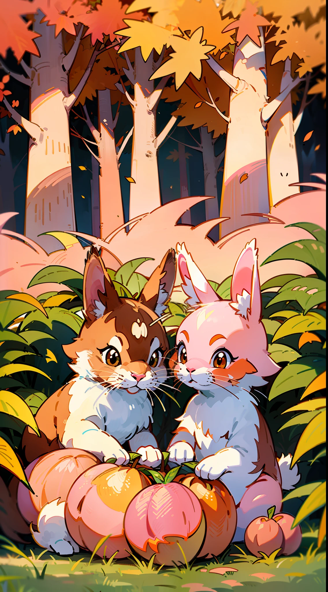 (((cute))), ((Hand drawn cartoon art style)), (Full color digital illustration), (High quality story art), pixiv contest winner, vintage Kubisi art style, (Rabbit), (A peach-picking rabbit and a peach-picking squirrel have a good time in the autumn forest together. ), (King of the Forest), Autumn, Autumn Leaves, Autumn Forest, (Multi-tone Light + Pink and Orange tones, soft and warm colors), simple and easy-to-understand pictures, like a faded dream.