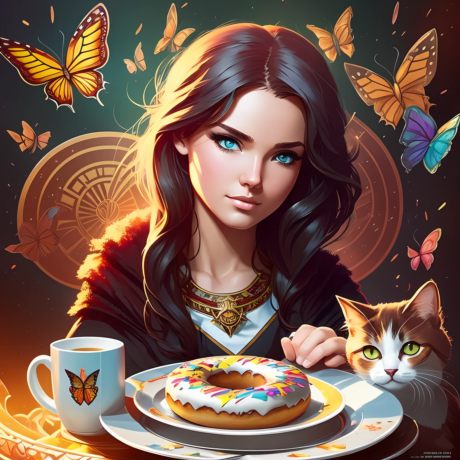 A cute cat curious about a mug. The beautiful mug with hot coffee, steam coming out, slice of bread and butter on a plate, colorful donuts on the side, small butterflies, birds, fantastic fantasy image, colorful background, Warm lighting, Vibrant colors, Intricate, Highly detailed, Artstation, Concept art, Sharp focus, food illustration, art by artgerm and greg rutkowski and olly moss and ken taylor and shepard fairey --auto --s2