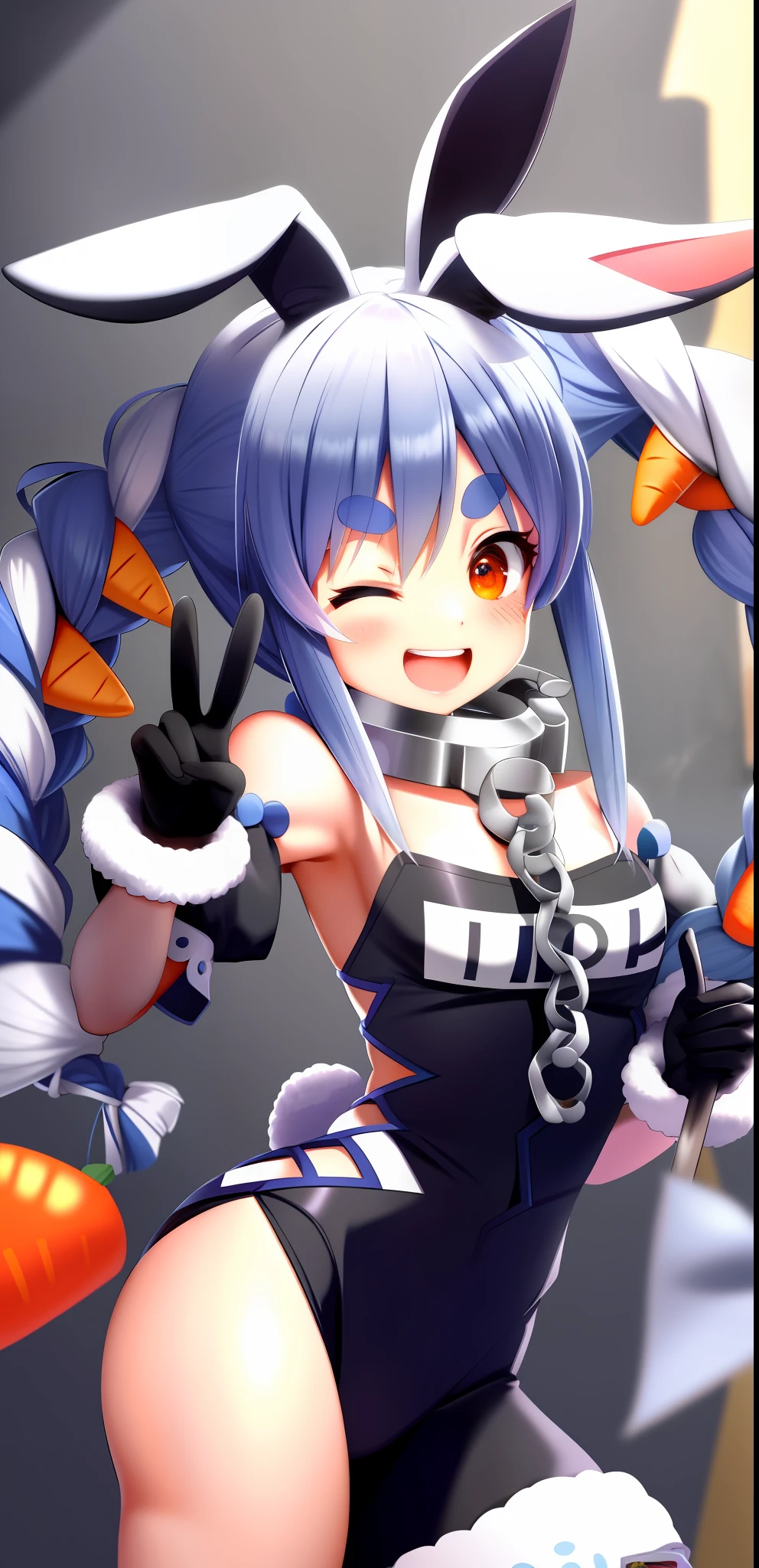 ultra-detailed), prison1, one eye closed, solo, hair ornament, gloves, v, braid, blue hair, open mouth, carrot hair ornament, food-themed hair ornament, rabbit ears, animal ears, double v, smile, twin braids, looking at viewer, long hair, black gloves, white hair, thick eyebrows, multicolored hair, blush, don-chan (usada pekora), rabbit girl, two-tone hair, twintails, orange eyes