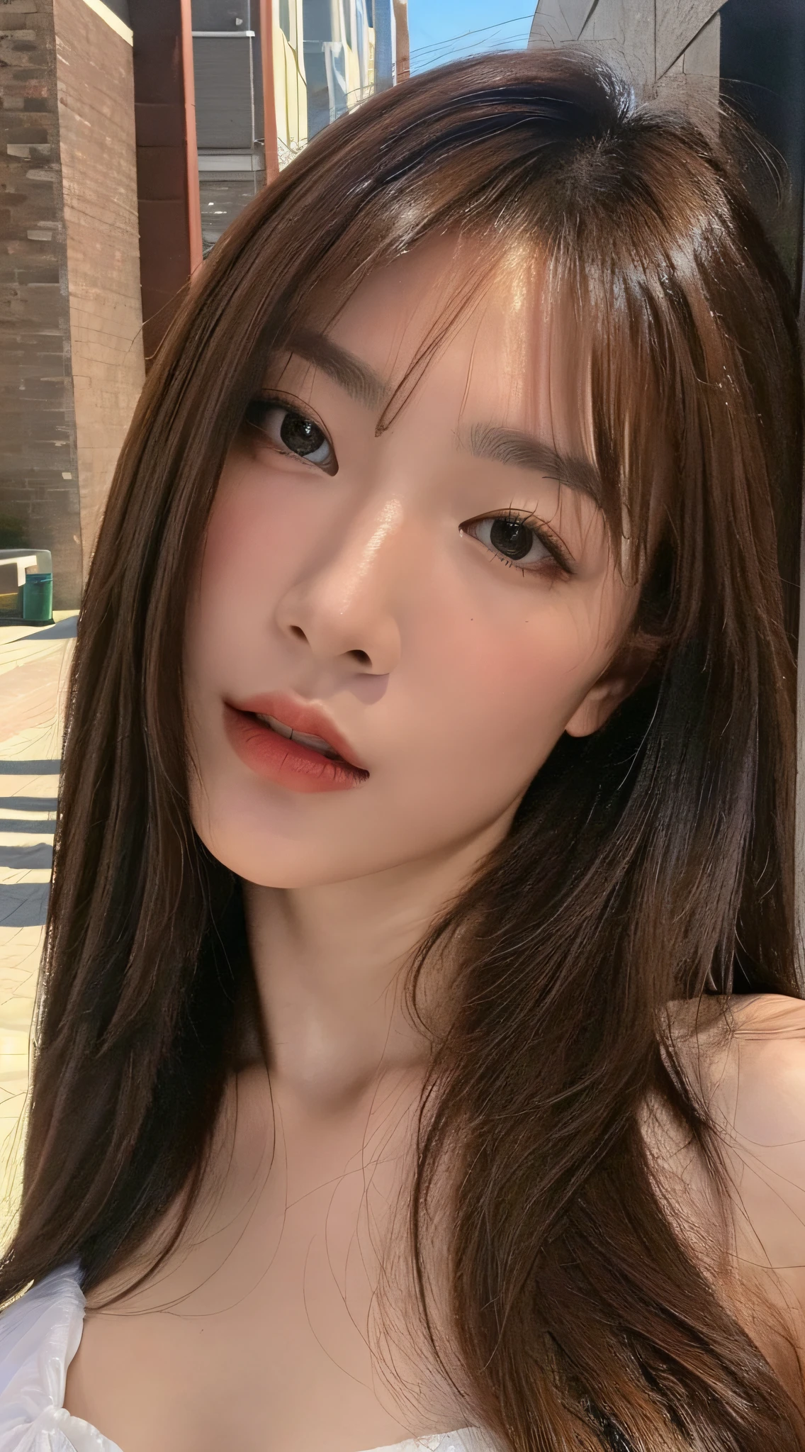 ((Top Quality, 8k, Masterpiece: 1.3)), Crisp Focus: 1.2, Beautiful Women in Perfect Style: 1.4, Slender Abs: 1.2, ((Dark Brown Hair, Big: 1.5)), Street: 1.2, Highly Detailed Face and Skin Texture, Detailed Eyes, Double Eyelids
