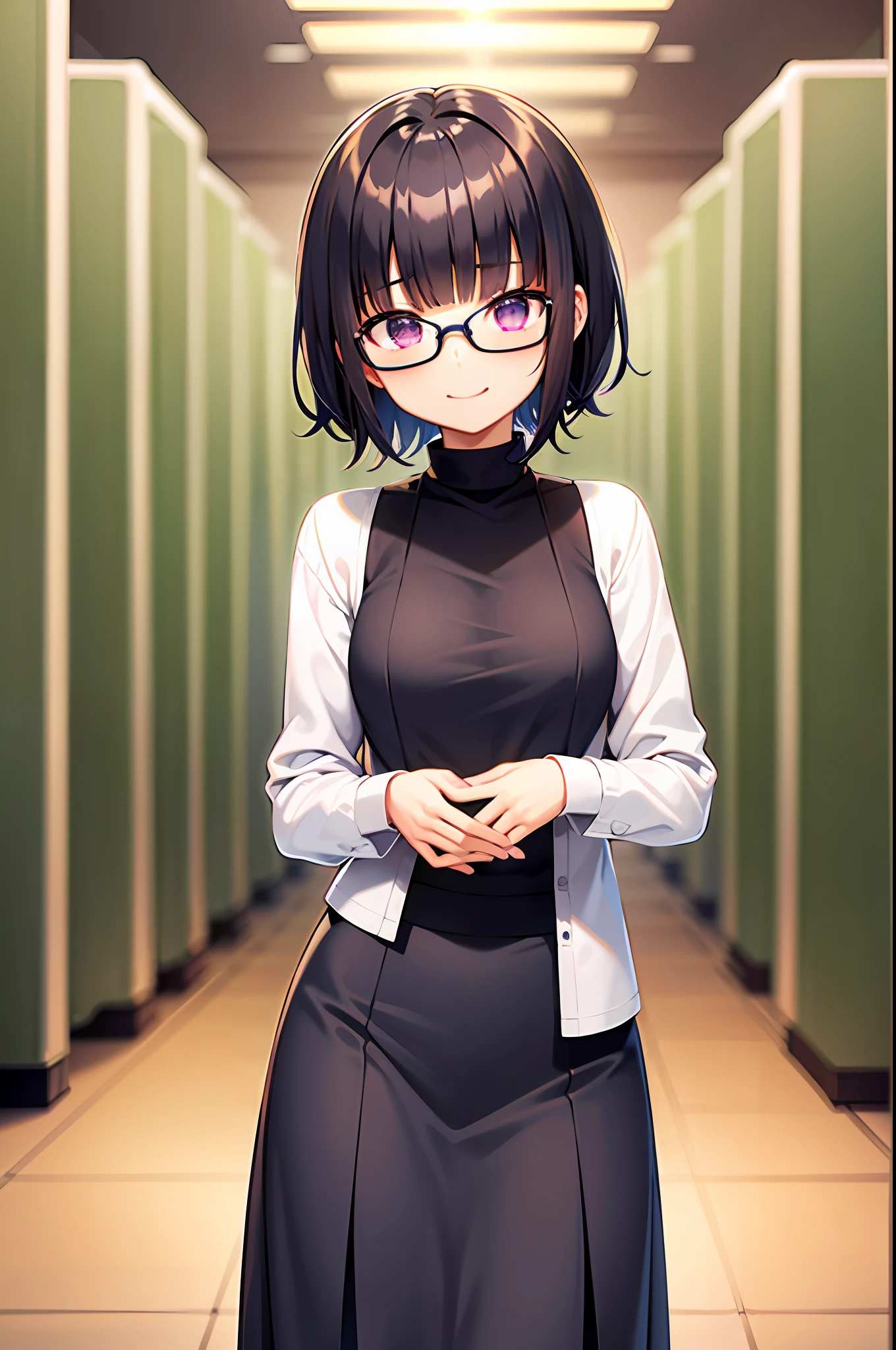 solo, nagase mana, (Masterpiece:1.2, high quality), (pixiv:1.4), (1girl:1.2), (solo:1.2), medium_face, black short hair, blunt bangs, purple + long_eyes, smile, Light_face, medium breasts, slenderwaist, Wide pelvic, formal shirt, long sweater, black long skirt, standing, standing straight, (full body), (blurry background), pharmacy, glasses, retail