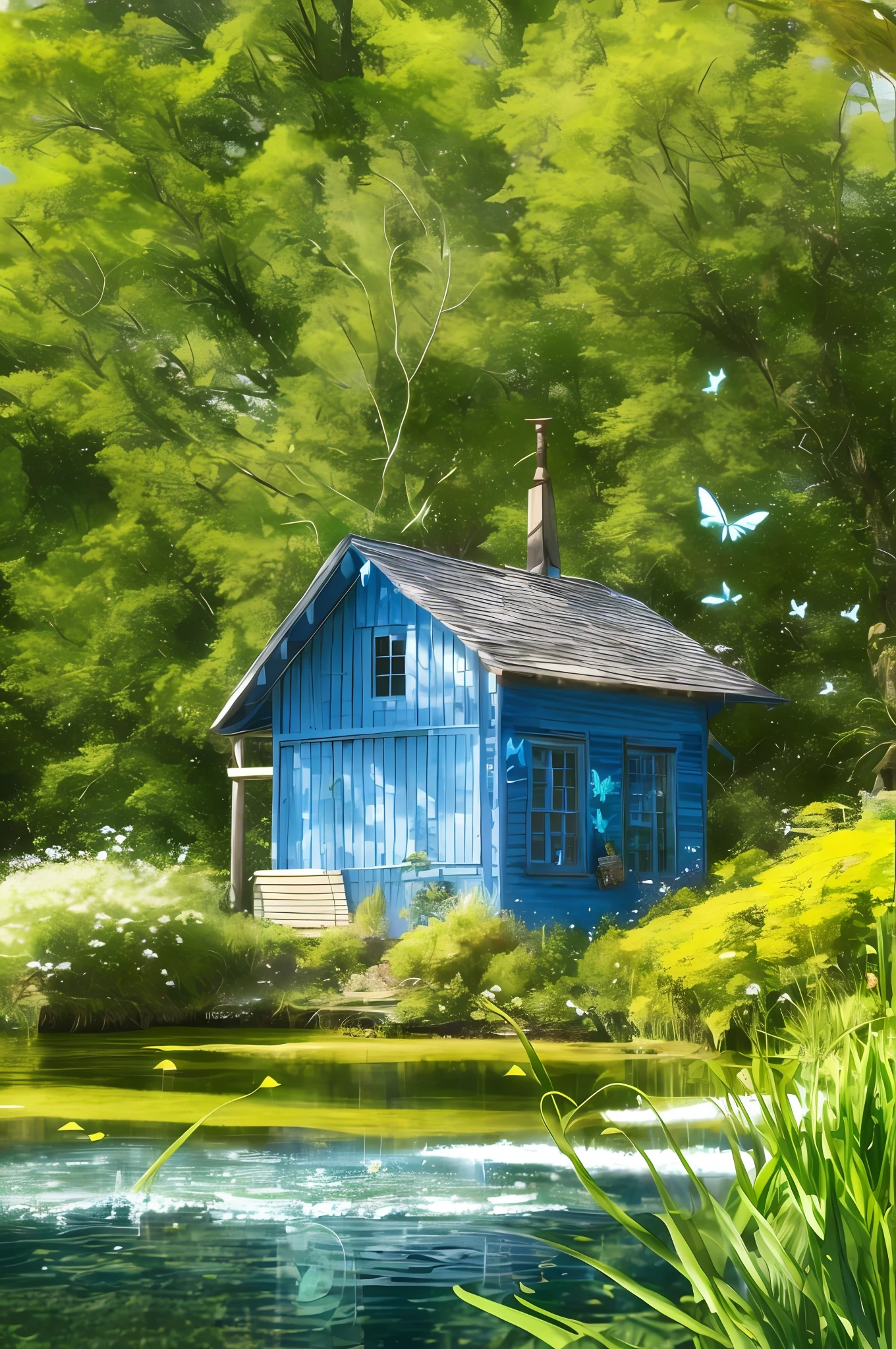 Just a little wooden house on the edge of the lake, fantastic and simple vegetation, beautiful blue sky, beautiful day, very detailed, high resolution, best quality, many butterflies, beautiful landscape, Magic Golden Age, 9:16, cinematic light, Ray tracing, many white flowers, sparkling grass, magnificent trees, magic trees, detailed trees, colorful birds, air of happiness, Perfect ray tracing, realistic water,  Victory