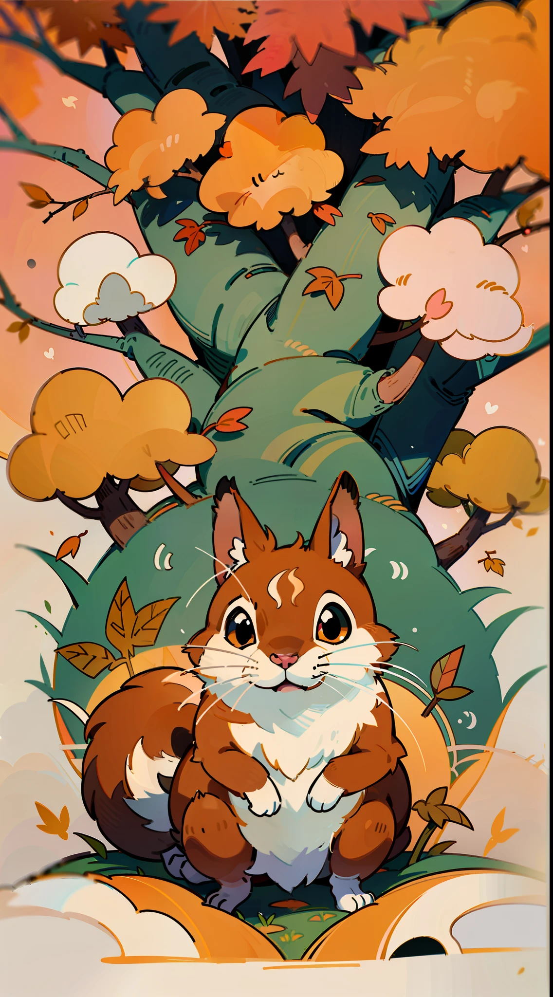 (((cute))), ((hand-drawn cartoon art style)), (full-color digital illustration), (high-quality story art), pixiv contest winner, retro Kubisi art style, (rabbit), (squirrel + peach tree), (king of the forest), autumn, autumn leaves, autumn forest, (multi-tone light + pink and orange tones, soft and warm colors), simple and easy-to-understand picture, like a faded dream.