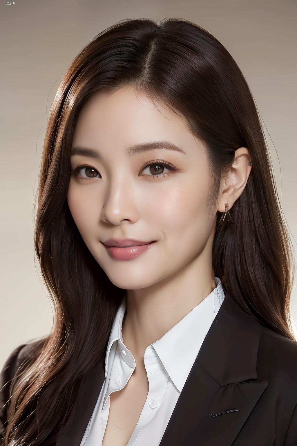 ((Realistic lighting, top quality, 8K, Masterpiece: 1.3)), Focus: 1.2, 1 female, Perfect figure: 1.4, 1, (((dark brown hair)), (suit), (shirt), (background white), fine eyes, double eyelids, long hair, wavy hair, 50 years old, Fan Bingbing, Lucy Liu, teacher, smiling