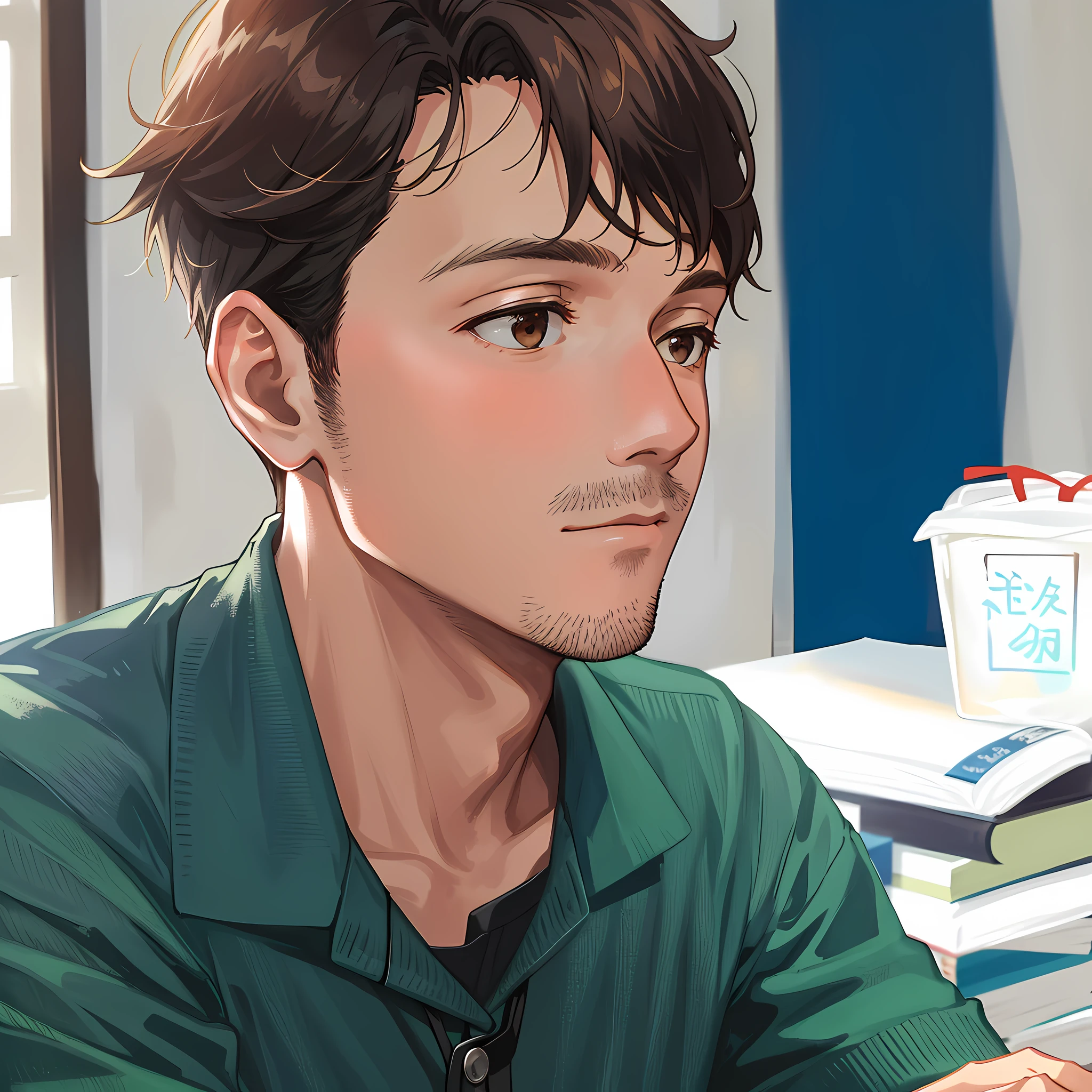 A man on the desk, with bookshelves behind him, the exterior view of the building can be seen by the window, the man is wearing a dark shirt, with delicate folds in detail, sitting upright, slightly turning his head and looking concentrated, the desk is neat and orderly, there are red paintings hanging in the corner of the wall, clean face, no beard, sunshine boy,