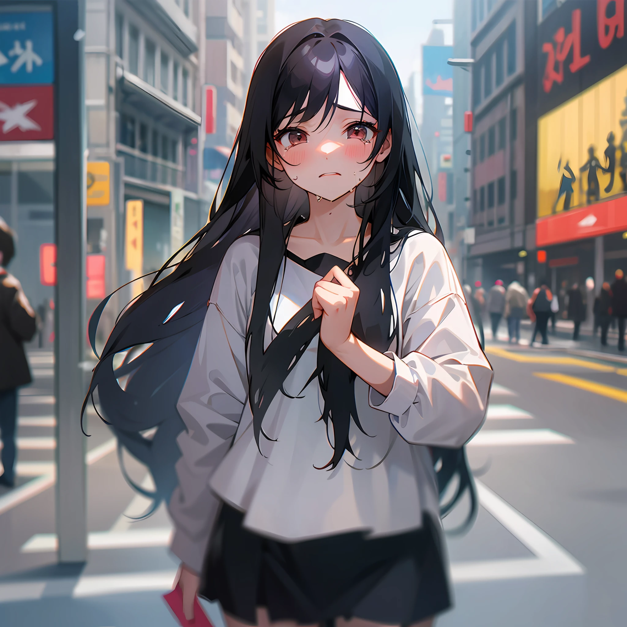 A girl with long black hair stands crying in a crowded street