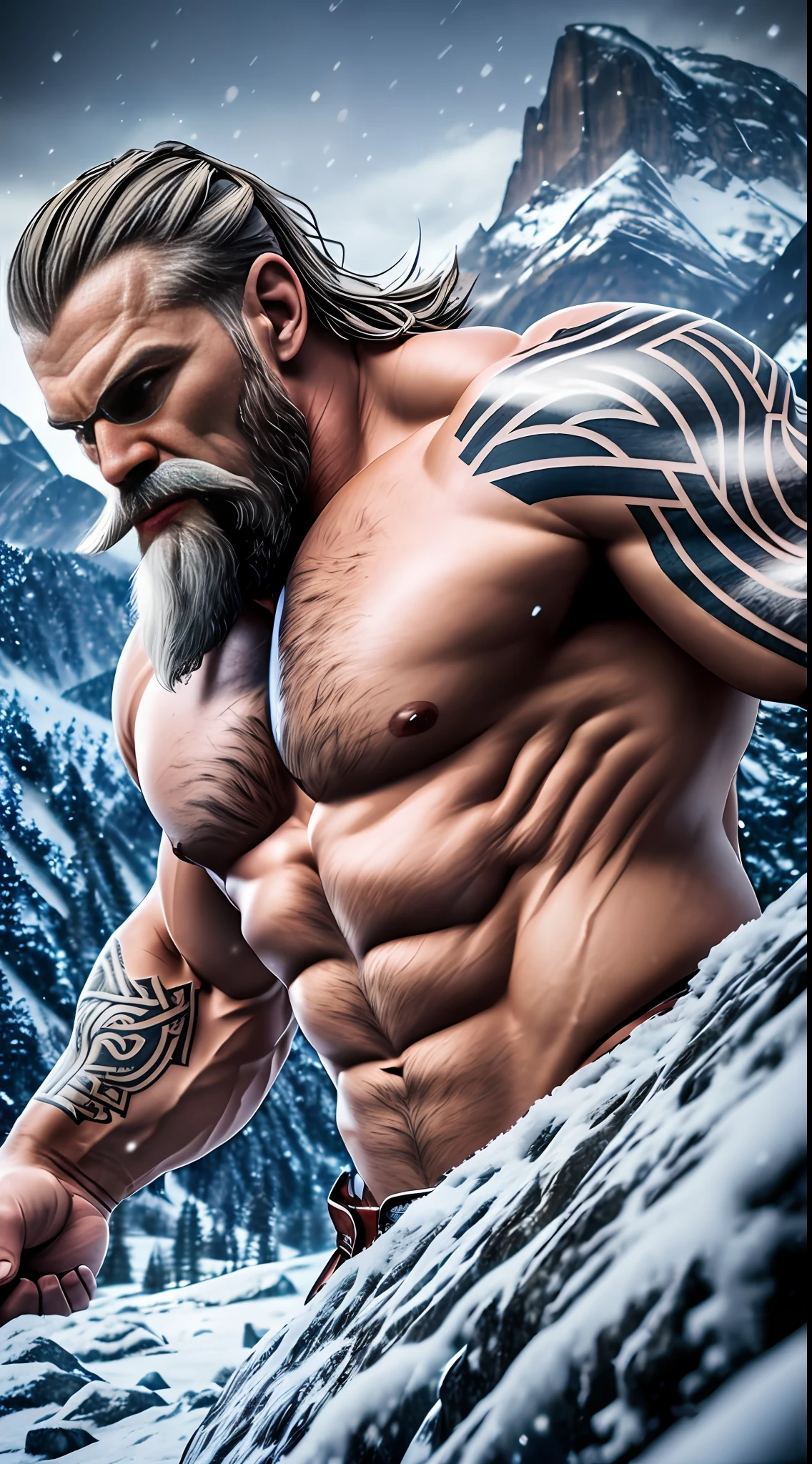 (muscular,superstrong man viking ), Viking suit, viking tattoos, a background show mountains,winter,cold,, falling snow, ultra-realistic 3D rendering with Octane Render, (dramatic and vivid lighting),(stunning 8k resolution, crystal clear),precise texture details. --auto --s2