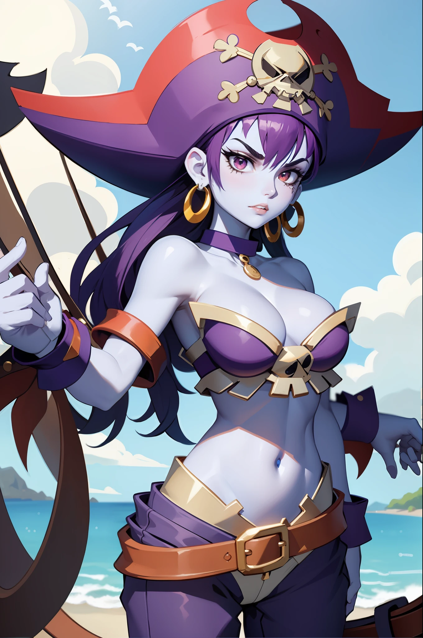 masterpiece, best quality, risky, blue skin, pirate hat, choker, wrist cuffs, hoop earrings, bustier, belt, purple pants, upper body, looking at viewer, furrowed brow, clenched teeth, ocean, pirate ship, long hair