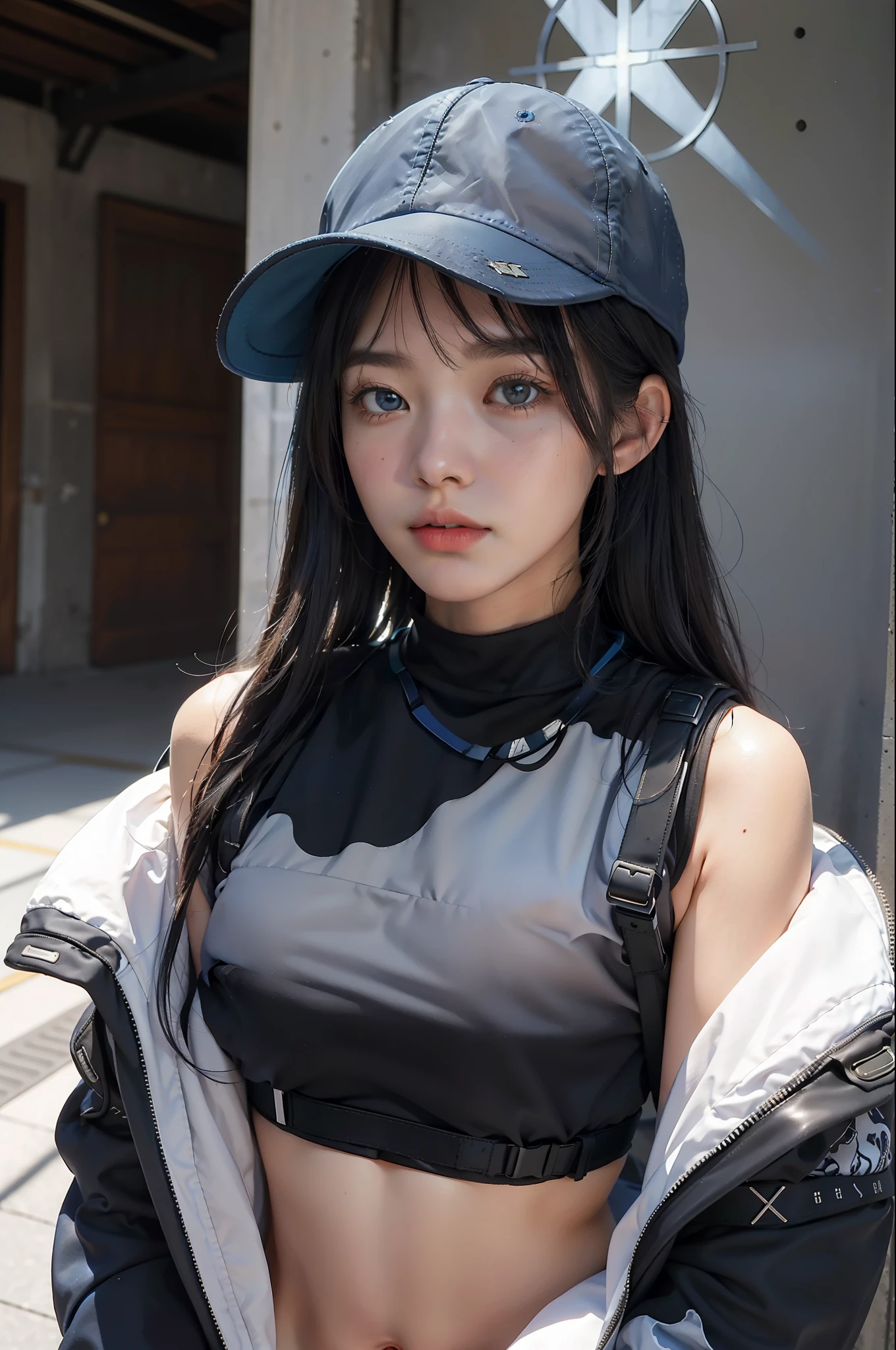 (masterpiece, best quality:1.2), mix4,(8k, RAW photo, best quality, masterpiece:1.2), (realistic, photo-realistic:1.37),solo, 1girl, saori \(blue archive\), mouth mask, looking to the side, long hair, black hair, baseball cap, halo, blue eyes, open clothes, off shoulder, coat, crop top, chest harness, black pants