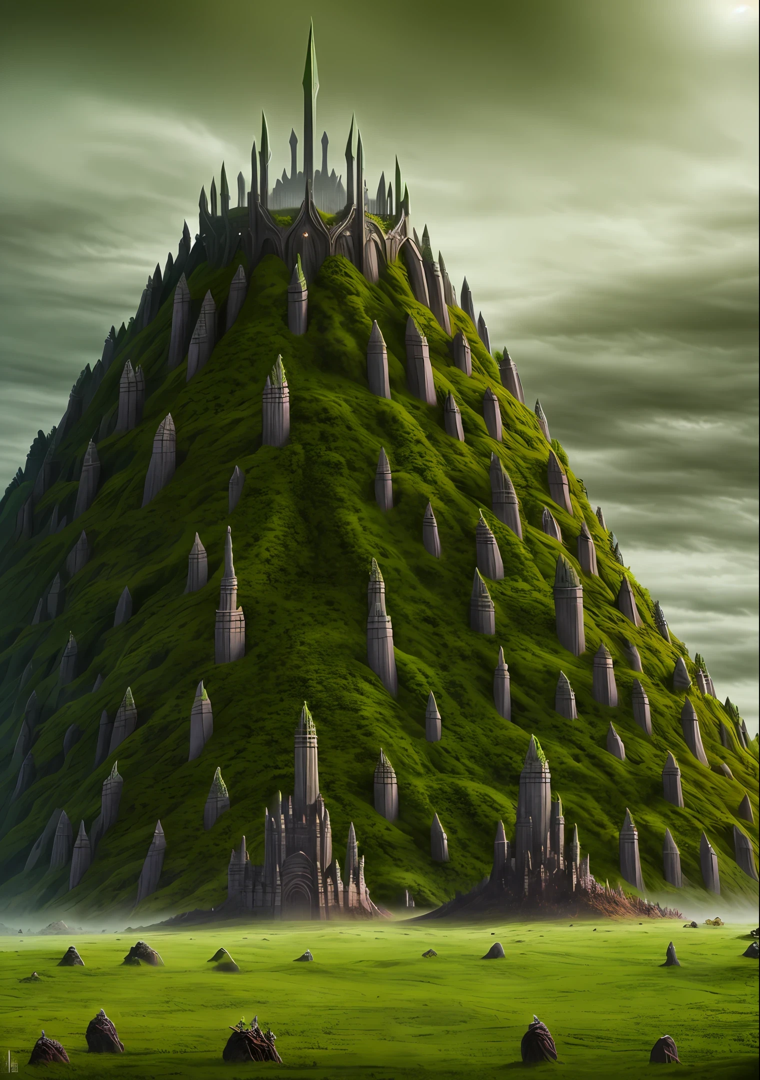 Anthill in the style of the fortress of Minas Morgul from "The Lord of the Rings", the background is gloomy dark green, an anthill with lighting, surrealism --auto --s2