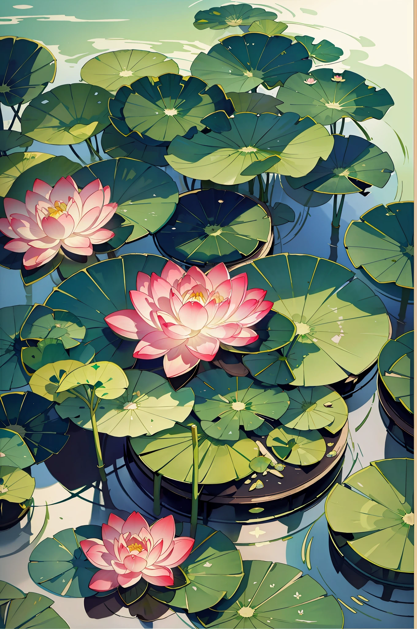 Large lotus leaves, lotus flowers, ink painting style, clean colors, decisive cuts, white space, freehand, ponds, green water, masterpieces, super detailed, epic composition, high quality, highest quality,