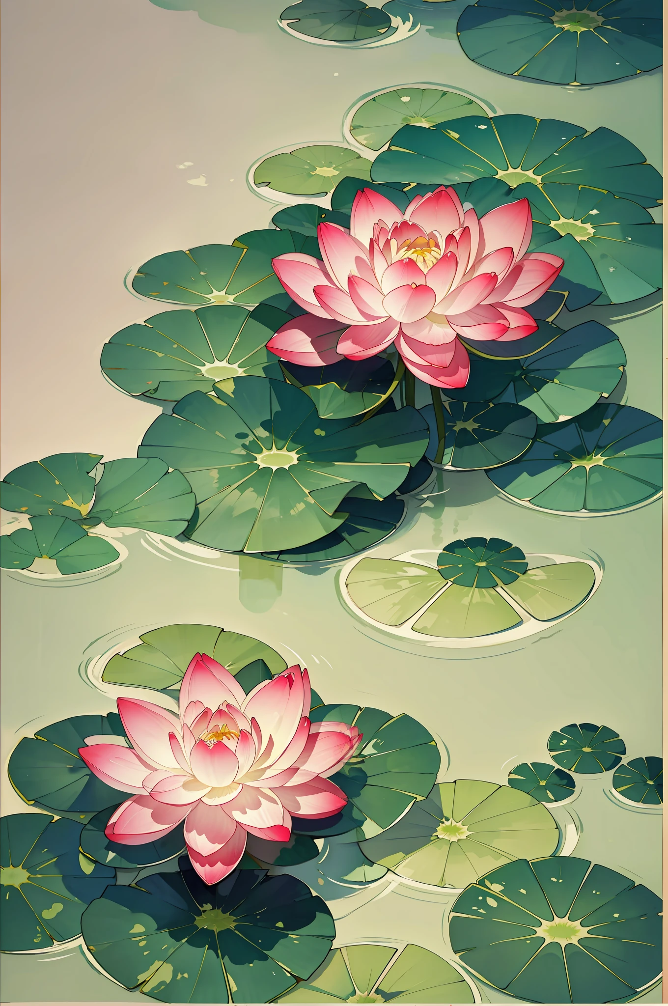 Painting of two pink water lilies in a pond of water - SeaArt AI