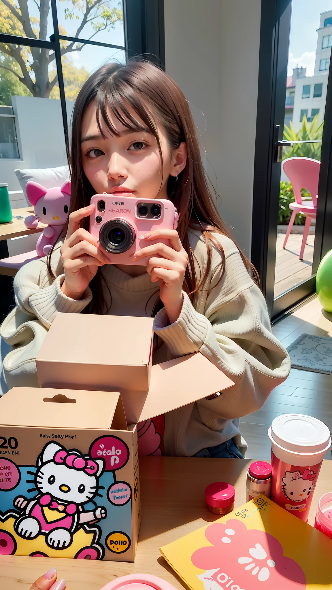 Woman holding a pink Hello Kitty shaped camera in front of a box of Hello Kitty, shot with Sony Alpha 9, shot on iPhone 1 3 Pro, shot with Apple, shot on iPhone 1 3 Pro Max, 8K)), shot with iPhone 1 0, shot on iPhone 1 3 Pro, Hello Kitty, , 🤬 🤮 💕 🎀 🤮 🎀 😭 💕 Round cute cheeks with bokeh background