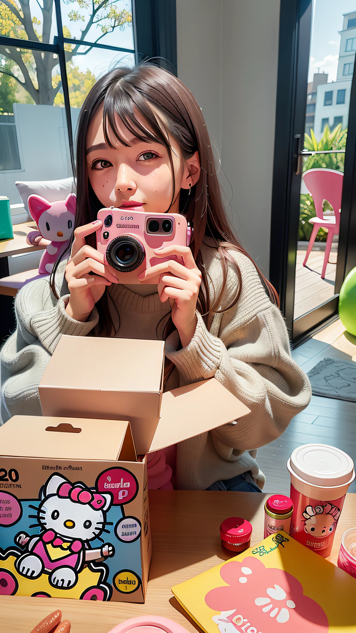 Woman holding a pink Hello Kitty shaped camera in front of a box of Hello Kitty, shot with Sony Alpha 9, shot on iPhone 1 3 Pro, shot with Apple, shot on iPhone 1 3 Pro Max, 8K)), shot with iPhone 1 0, shot on iPhone 1 3 Pro, Hello Kitty, baby face, 🤬 🤮 💕 🎀 🤮 🎀 😭 💕 Round cute cheeks with bokeh background