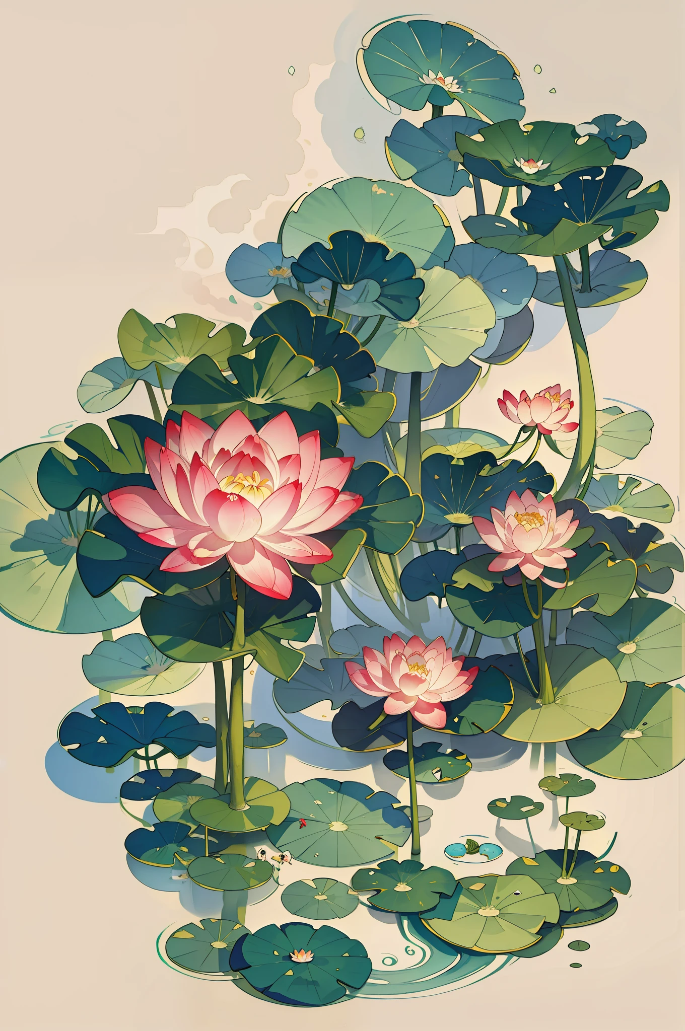 Big lotus leaves, lotus flowers, ink painting style, clean colors, ink style, smudging, decisive cutting, white space, freehand, masterpiece, super detailed, epic composition, high quality, highest quality, lotus fairy, ancient style, Dunhuang flying sky