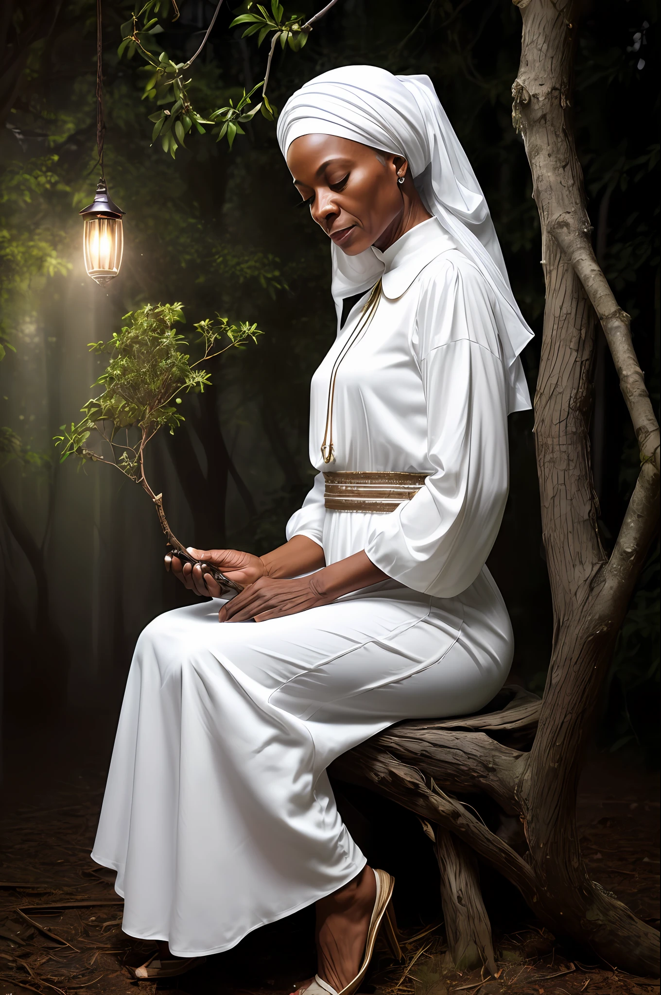 ((masterpiece, photorealistic, raw,:1.4), (extremely complex:1.2), close-up, cinematic light, side lighting, ultra high resolution, best shadow, RAW, 67-year-old African lady, holding a rue branch, old-black archetype (umbanda), mystic, head tilted upwards, (eyes closed, serene expression), calm, meditating, sitting on a wooden stool, wearing white long-sleeved dress and closed collar,  long skirt, headscarf, Moonlit forest background