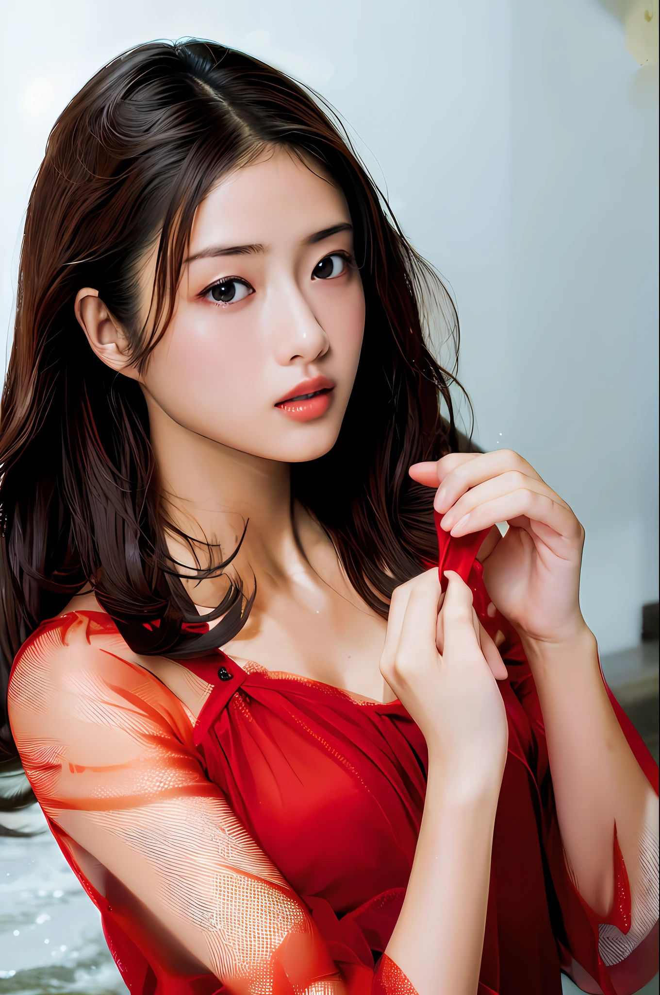 Top Quality, Masterpiece, Ultra High Resolution, (Photorealistic: 1.4), Raw Photo, 1 Girl, Dark Hair, Glossy Skin, WET BODY, Dramatic Lighting, Full Body,, Red Dress, Big