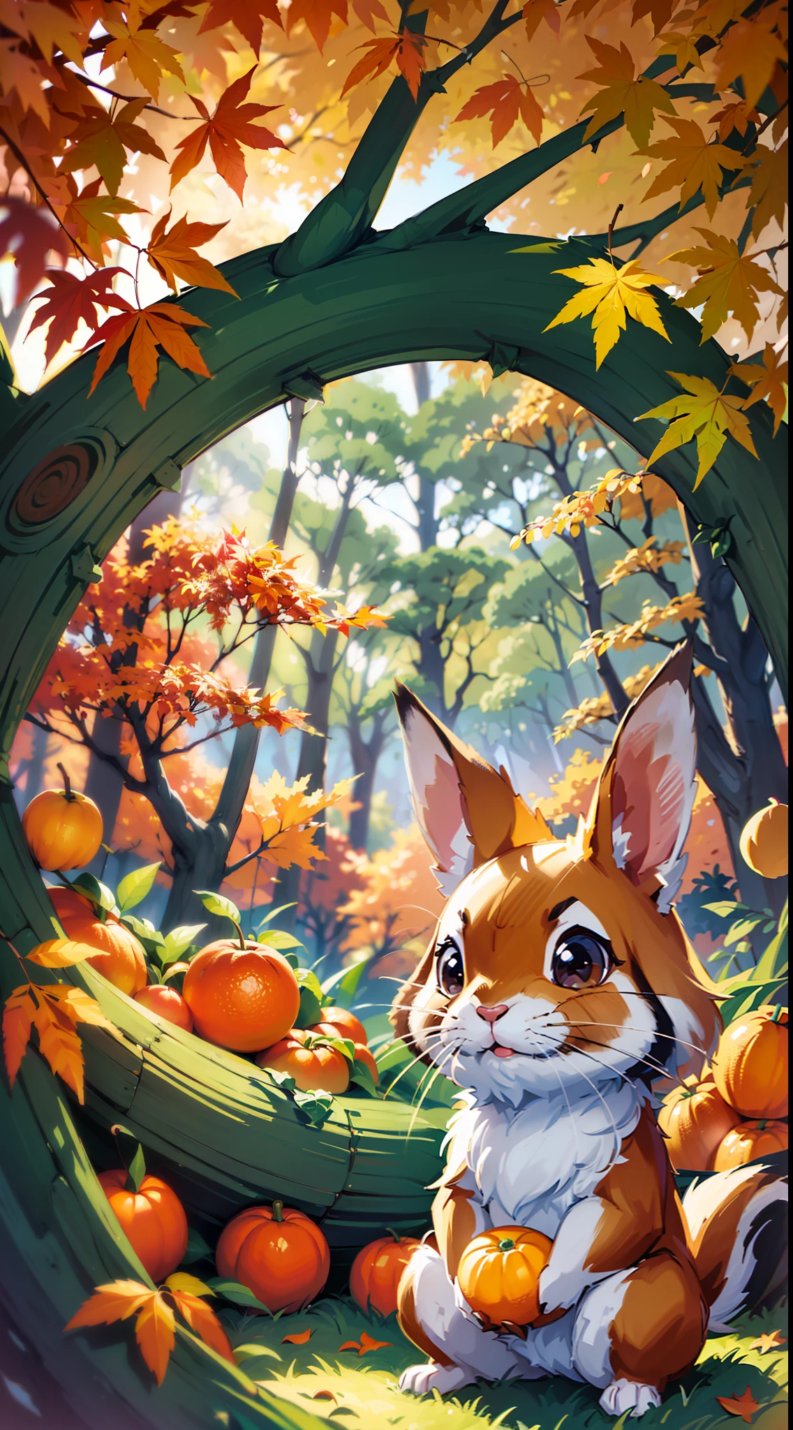 (((cute))), ((Hand drawn cartoon art style)), (Full color digital illustration), (High quality story art), pixiv contest winner, vintage Kubisi art style, (Rabbit), (A rabbit picking oranges and an orange-picking squirrel have a good time together in the autumn forest. ), (King of the Forest), Autumn, Autumn Leaves, Autumn Forest, (Multi-tone Light + Pink and Orange tones, soft and warm colors), simple and easy-to-understand pictures, like a faded dream.