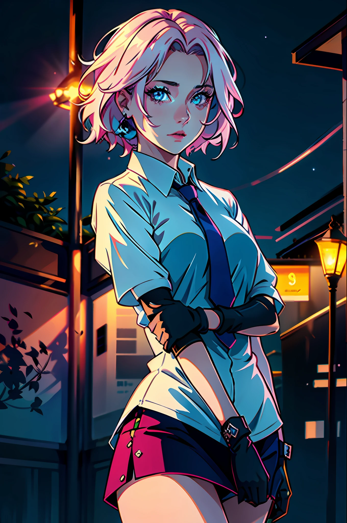 1 girl, casual clothes, princess, tie, gloves, outdoor, sky, full moon, rain, pink hair, forehead showing, short hair, blue eyes, standing, night sky, sideways, reflection, long hair, overcast sky, {{(art teacher) , (extremely detailed CG unit 8k wallpaper), best quality, solo, 1 girl, cinematic lighting, detailed background, beautiful detailed eyes,  bright pupils (extremely delicate and beautiful), (beautiful and detailed description of the eye) , ultra detailed, masterpiece,}},