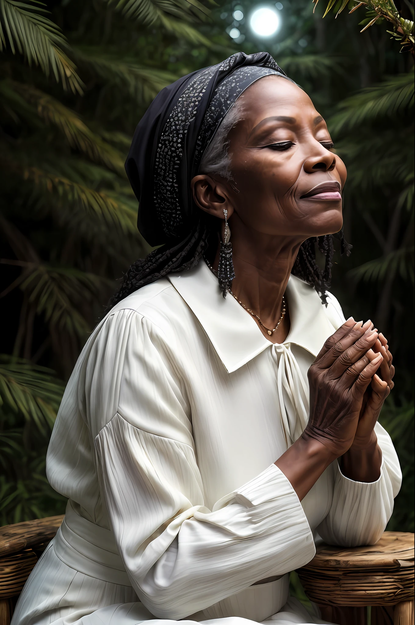 ((masterpiece, photorealistic, raw,:1.4), (extremely complex:1.2), close-up, cinematic light, side lighting, ultra high resolution, best shadow, RAW, 67-year-old African lady, old-black archetype (umbanda), mystic, head tilted upwards, (eyes closed, serene expression), calm, meditating, sitting on a wooden stool, holding a branch of rue (palms of hands together in prayer), wearing white long-sleeved dress and closed collar, long skirt, headscarf, Moonlit forest background