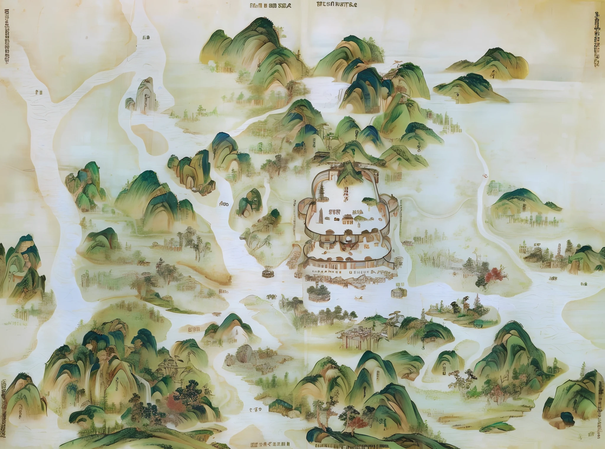 a close up of a map of a mountain town with a castle, qing dynasty, ming dynasty, qing dynasty painting, beautiful render of tang dynasty, song dynasty, chinese three kingdoms, xianxia, full - view, chinese village, by Gu An, by Xuande Emperor, full view, aerial view of an ancient land, 17th-century