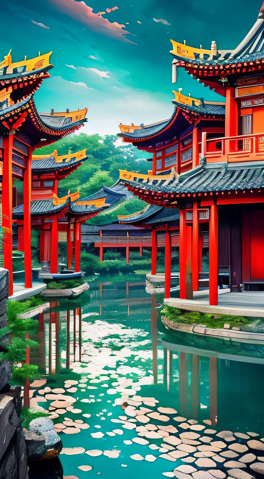 Zongmen in the forest, pavilions, there is a building with a lot of trees in front, digital paintings of the pagoda, ancient Chinese tower, Ross Tran. Landscape background, cyberpunk Chinese ancient castle, Japanese art style, Guvez style artwork, fantastic Chinese town, 8K high quality detail art, Rossdraws global lighting, Chinese Jianzhong inspired poster, oriental art style, beautiful digital artwork, Sylvain Sarrell and Igor Mosky --auto --s2