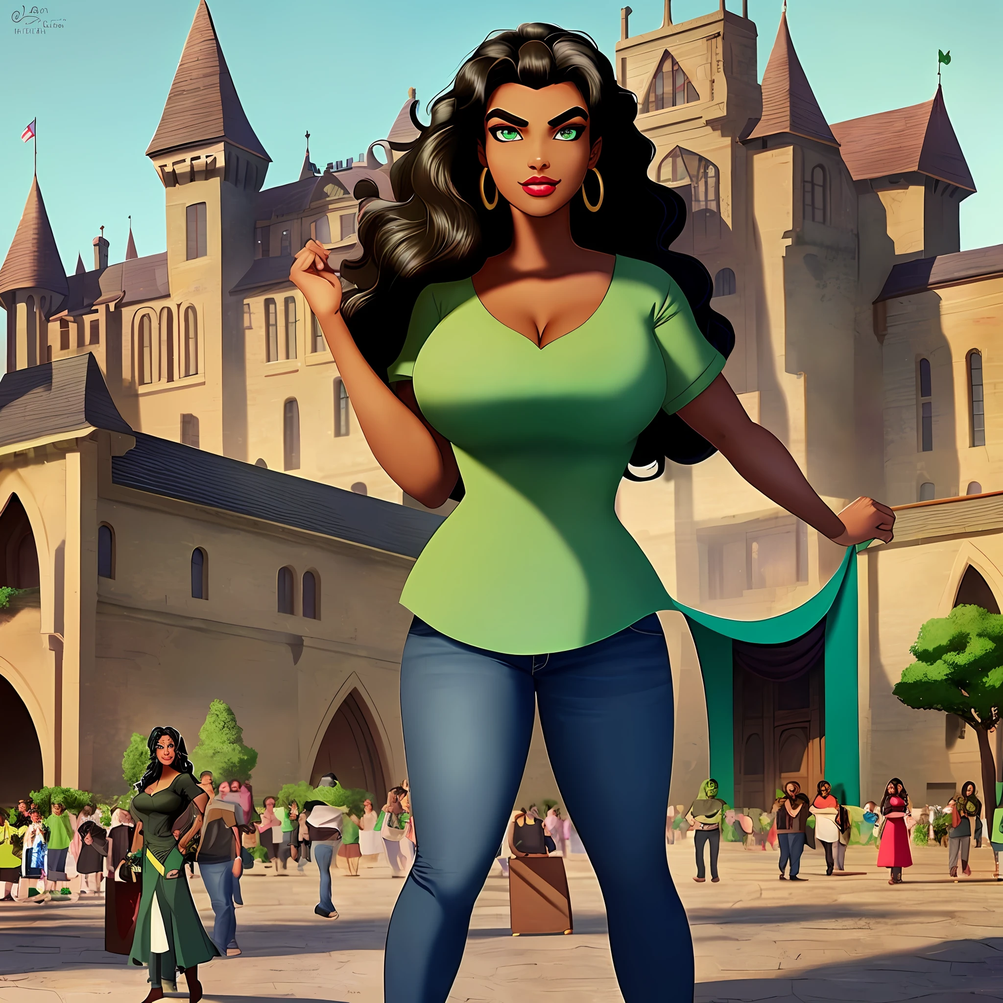 1girl, dark_skin, dark-skinned_female, solo, earrings, green_eyes, breasts, cleavage, black_hair, long_hair, large_breasts, lips, shirt, makeup, hand_on_hip, lipstick, thick_eyebrows, big_hair, brown_hair, very_dark_skin, jeans, black jeans, Green shirt, castle background, full body, standing, smile, busty