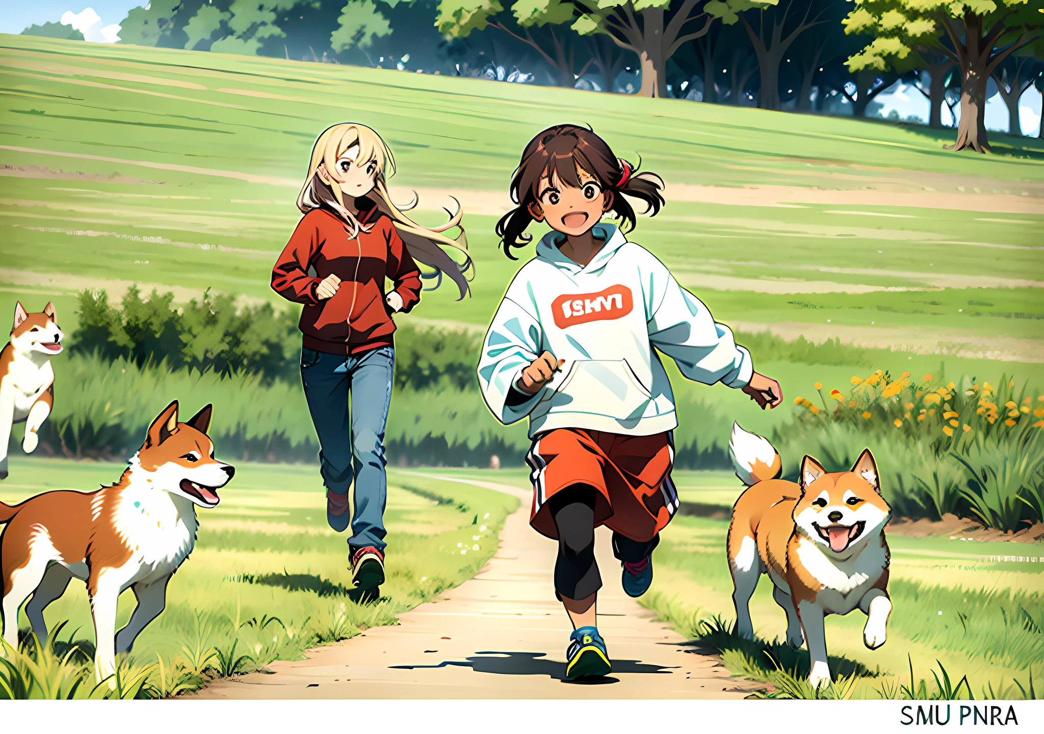 Girl running in the grassland, Shiba Inu chasing a girl