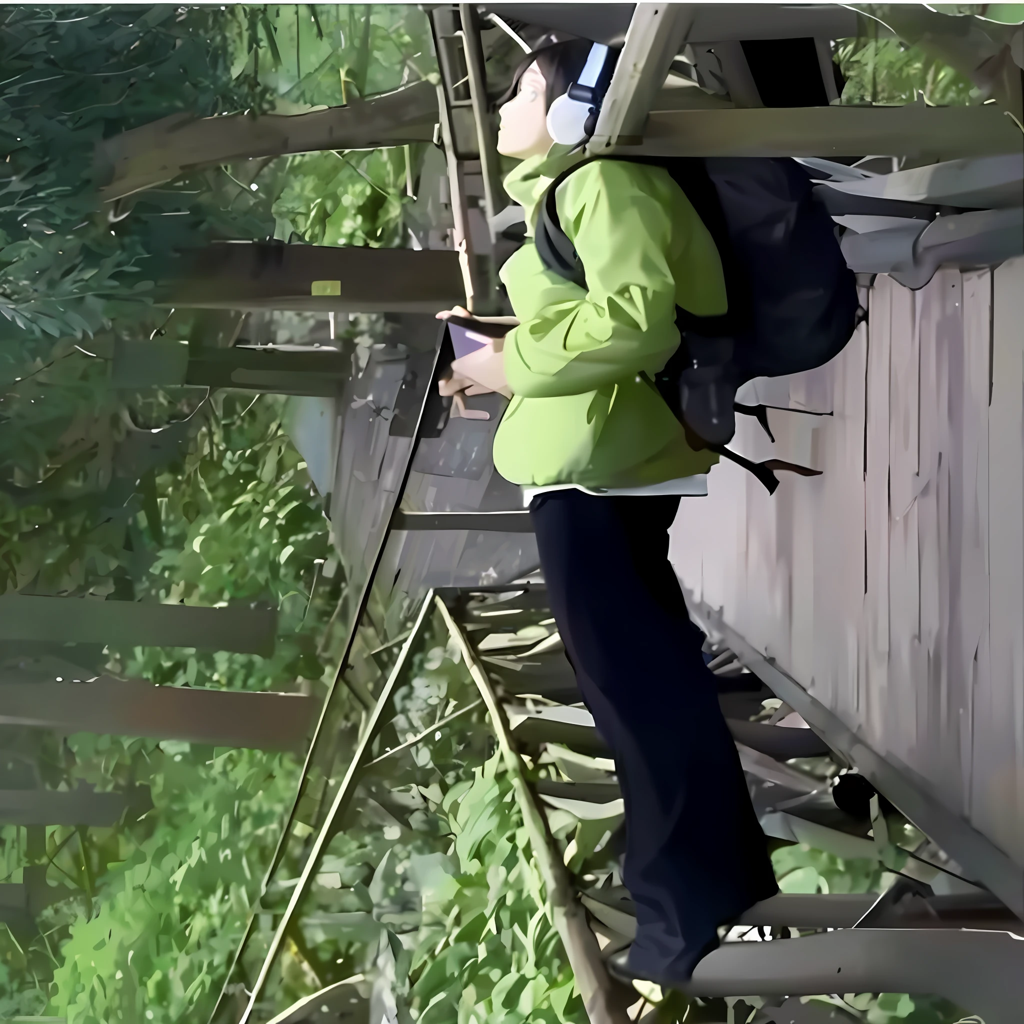 There is a woman standing on a bridge with a backpack, lying on a path in the woods, sitting in an agan and connecting her !!, on the bridge with a drawbridge, in the park, oversaturated, picking up an iPad, in the bamboo forest, in the park, taking a selfie on the bridge, lying on the bridge, illustration, close shots of the subject