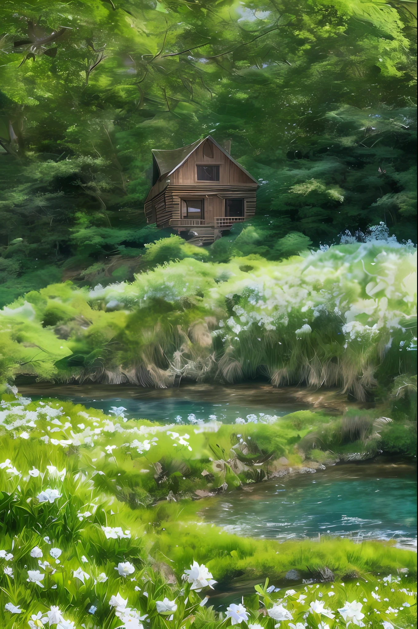 Just a little wooden house on the edge of the lake, fantastic and simple vegetation, beautiful blue sky, beautiful day, very detailed, high resolution, best quality, many butterflies, beautiful landscape, Magic Golden Age, 9:16, cinematic light, Ray tracing, many white flowers, sparkling grass, magnificent trees, magical trees, detailed trees, colorful birds, air of happiness,