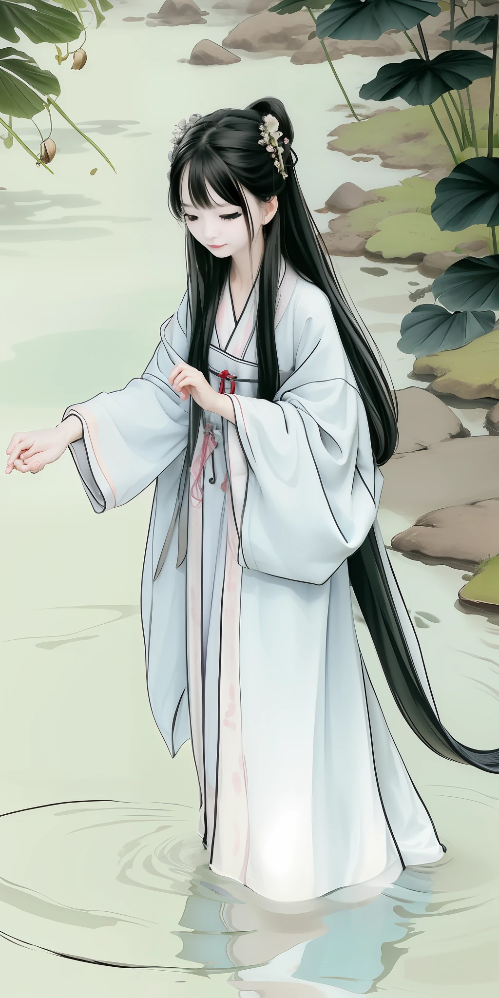 ((4k, masterpiece, best quality)), shuimo, Chinese painting, lotus, hanbok, Hanfu, maxiskit, dress conservatively, 1 beautiful girl, solo, long blue hair, smiling, standing, feet in water, barefoot.