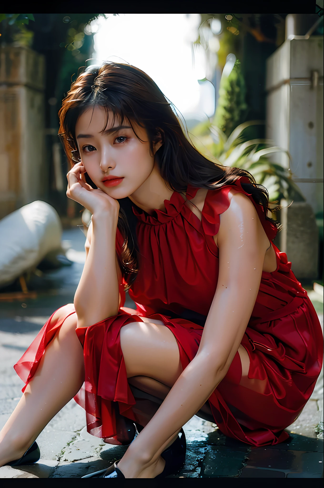 Top Quality, Masterpiece, Ultra High Resolution, (Photorealistic: 1.4), Raw Photo, 1 Girl, Dark Hair, Glossy Skin, WET BODY, Dramatic Lighting, Full Body,, Red Dress, Big