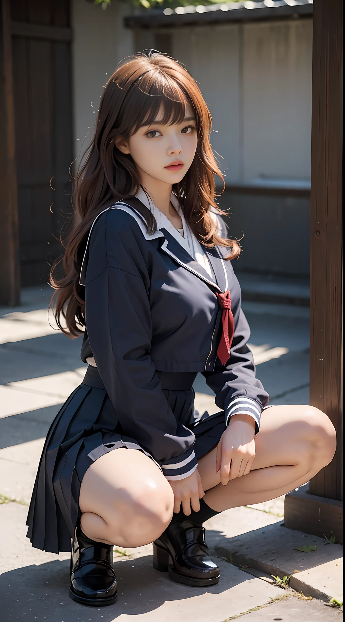 (Top Quality, Masterpiece: 1.2), (One Girl: 2), Japan High School, (Navy Blue Sailor Suit, Dark Blue Long Length Pleated Skirt: 2), (Full Squat, Squatting on the Ground With Open Legs: 2), (Perfect Legs: 1.5), (Black Loafers, Black Stockings: 2), So Pretty, Schoolback, Bad, Vulgar, (Provocative Look: 1.2), Facing Front, (Bad: 1), ( Light brown-red hair, bangs, long curly hair), (fighting, menacing, intimidating), (perfect face, perfect body, perfect outfit, perfect anatomy: 1.5), (photorealistic: 1.3), ultra detailed, (high detail skin: 1.2), (highest quality: 1.0), (super high definition: 1.0), cigarette butts, garbage