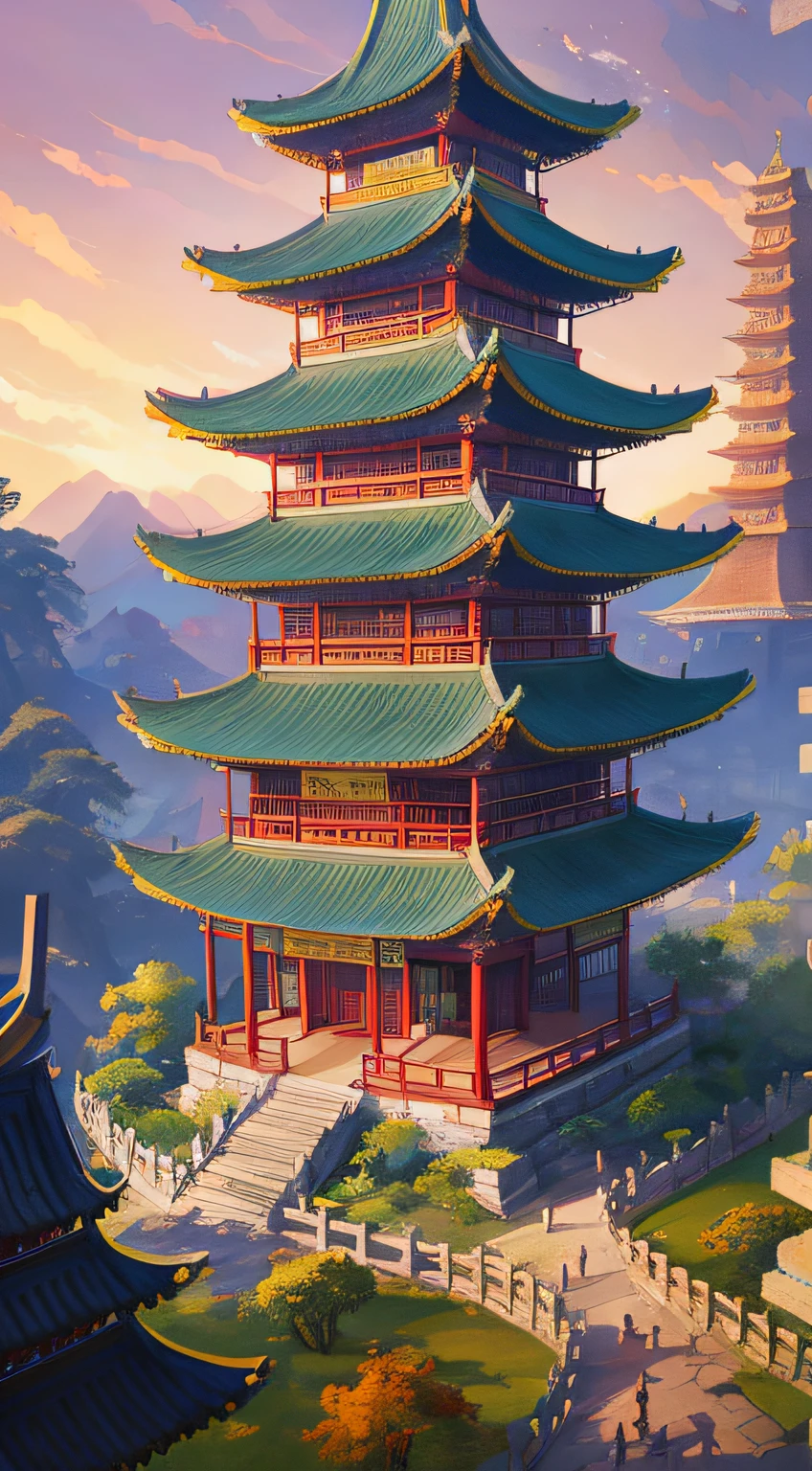Ancient Chinese tall temples, sects in the forest, pavilions, there is a building, there are many trees in front, octagonal tower buildings, Loulan ancient country, Chinese style, bird's eye view pavilions, fairyland, many temples, cyberpunk Chinese architecture, Ross Tran. Landscape background, WLOP and Ross Tran, Gouviz style artwork, Andreas Rocha style, inspired by Andreas Rocha, illustrated matte painting, digital painting of the pagoda, WLOP style, 8K high quality detail art, beautiful digital artwork, Sylvain Sarrell and Igor Mosky --auto --s2