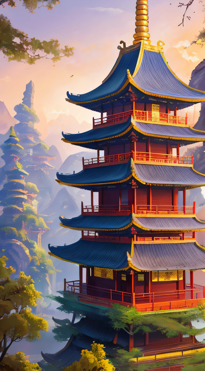 Ancient Chinese tall temples, sects in the forest, pavilions, there is a building, there are many trees in front, octagonal tower buildings, Loulan ancient country, Chinese style, bird's eye view pavilions, fairyland, many temples, cyberpunk Chinese architecture, Ross Tran. Landscape background, WLOP and Ross Tran, Gouviz style artwork, Andreas Rocha style, inspired by Andreas Rocha, illustrated matte painting, digital painting of the pagoda, WLOP style, 8K high quality detail art, beautiful digital artwork, Sylvain Sarrell and Igor Mosky --auto --s2