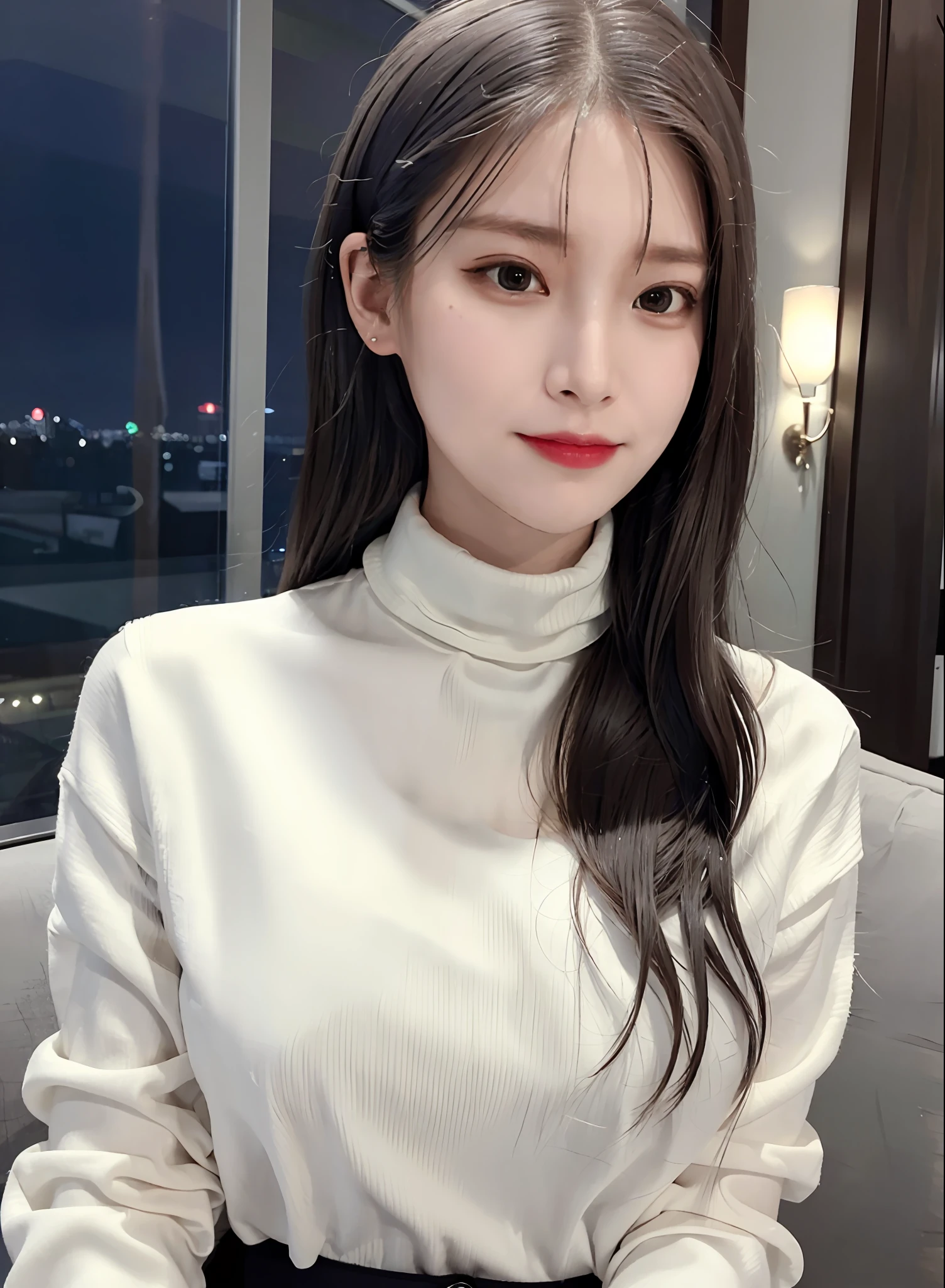 (8k, best quality, masterpiece: 1.2), (realistic, realistic:1.37), ultra-detailed, 1 girl, cute, solo, beautiful detailed sky, detailed café, evening, sitting, dressed conservatively, dating, perfect figure, (wearing conservative, turtleneck shirt 1:1) (nose red), (smile: 1.15), (shut up) big breasts, beautiful and delicate eyes, (turtleneck shirt: 1.1), night, wet, professional wear, rain, white lace suspenders, (short hair: 1.2), Flowing hair NovaFrogStyle,