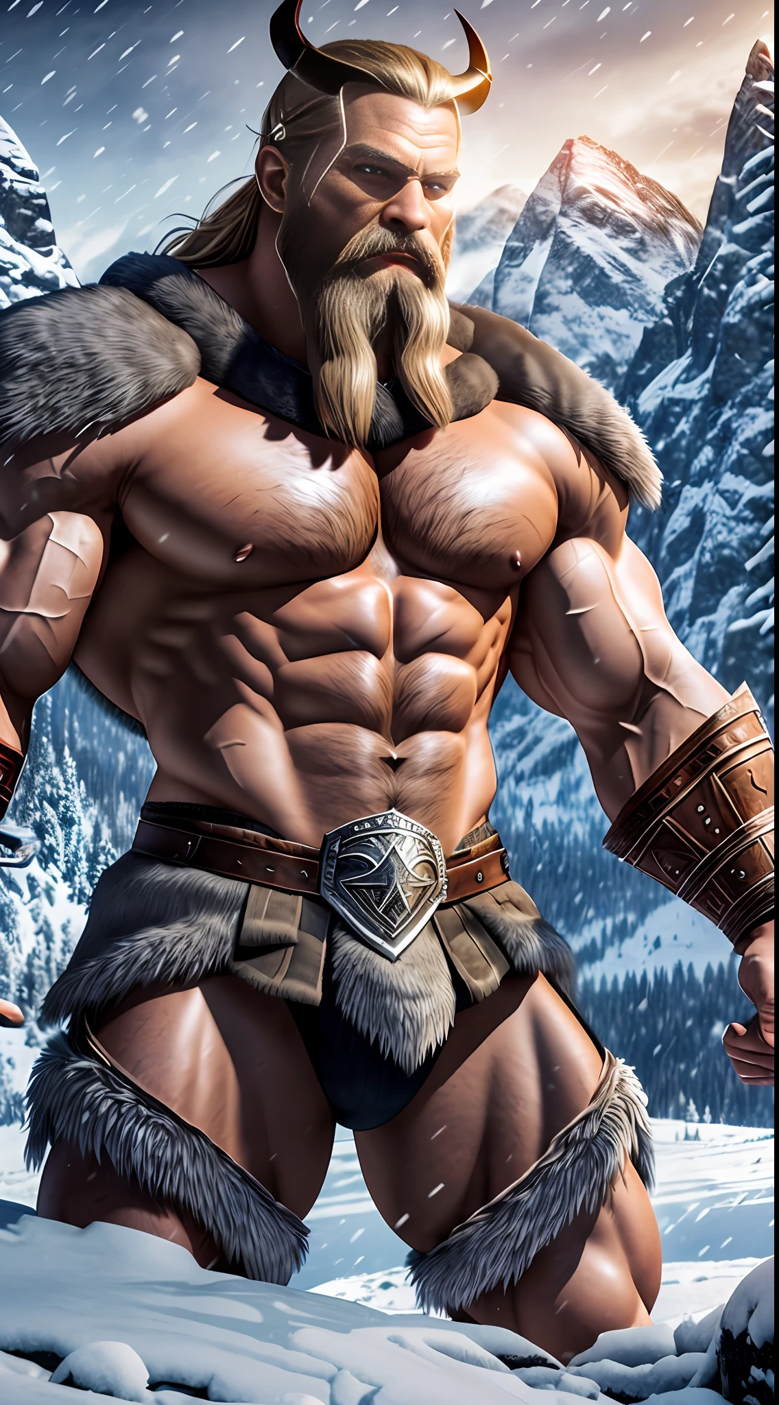 (muscular,superstrong man viking ), Viking suit, viking tattoos, a background show mountains,winter,cold,, falling snow, ultra-realistic 3D rendering with Octane Render, (dramatic and vivid lighting),(stunning 8k resolution, crystal clear),precise texture details. --auto --s2