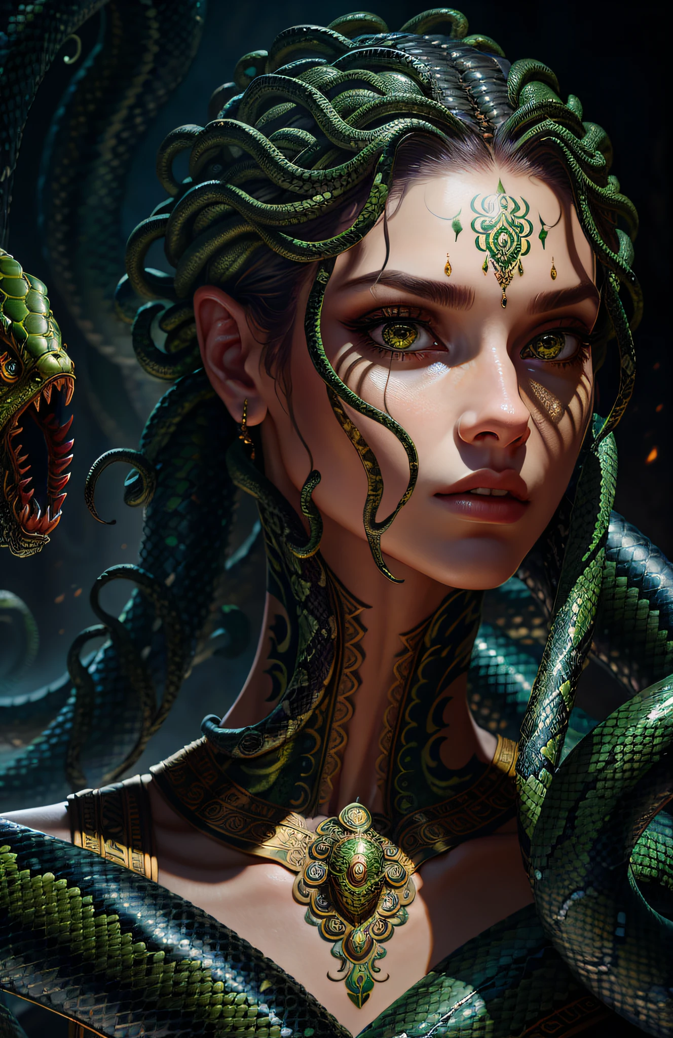 ((best quality)), ((masterpiece)), ((realistic)), beautiful Medusa (female face and upper body, snake tail), hair is composed of countless small snakes, green eyes, metal carved top, artstation trend on, sharp focus, studio photo, intricate detail, very detailed, detailed eye, illustration, very detailed, sharp focus, digital render, professional, 4k