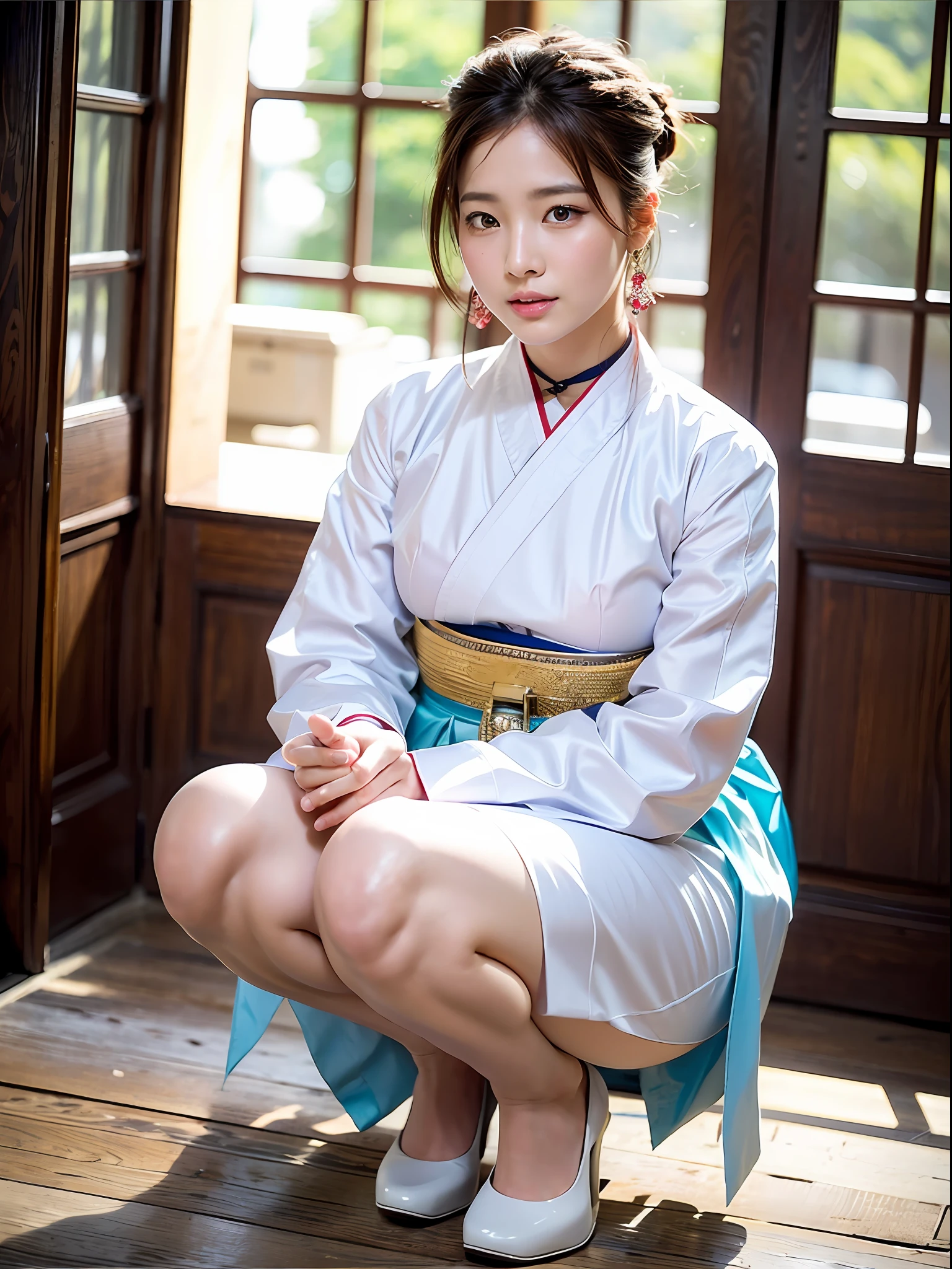 Delicate and masterpiece, beautiful details, colorful and fine details, detailed lips, intricate details, (1 woman: 1.1), (gorgeous and beautiful 30 years old sexy Korean woman: 1.1), (KPOP idol, Korean mixed race), (hair tying: 1.1), (50mm Sigma f/1.4 Zeiss lens, f1.4, 1/800s, ISO 100, photo: 1.1), big, (Photorealistic:1.1), Solo, looking_at_viewer, tall woman, happy smile, from_front, Earrings, slim_legs, Skinny, thigh_gap, Model, Lens flare, Choker, (Hanbok + see-through silhouette, wedge heel: 1.3), Korean commentary, korean_street, korean_  traditional_ house, single boy, legs open, cowgirl squatting,vaginal, pimp, wet white dress, brown hair