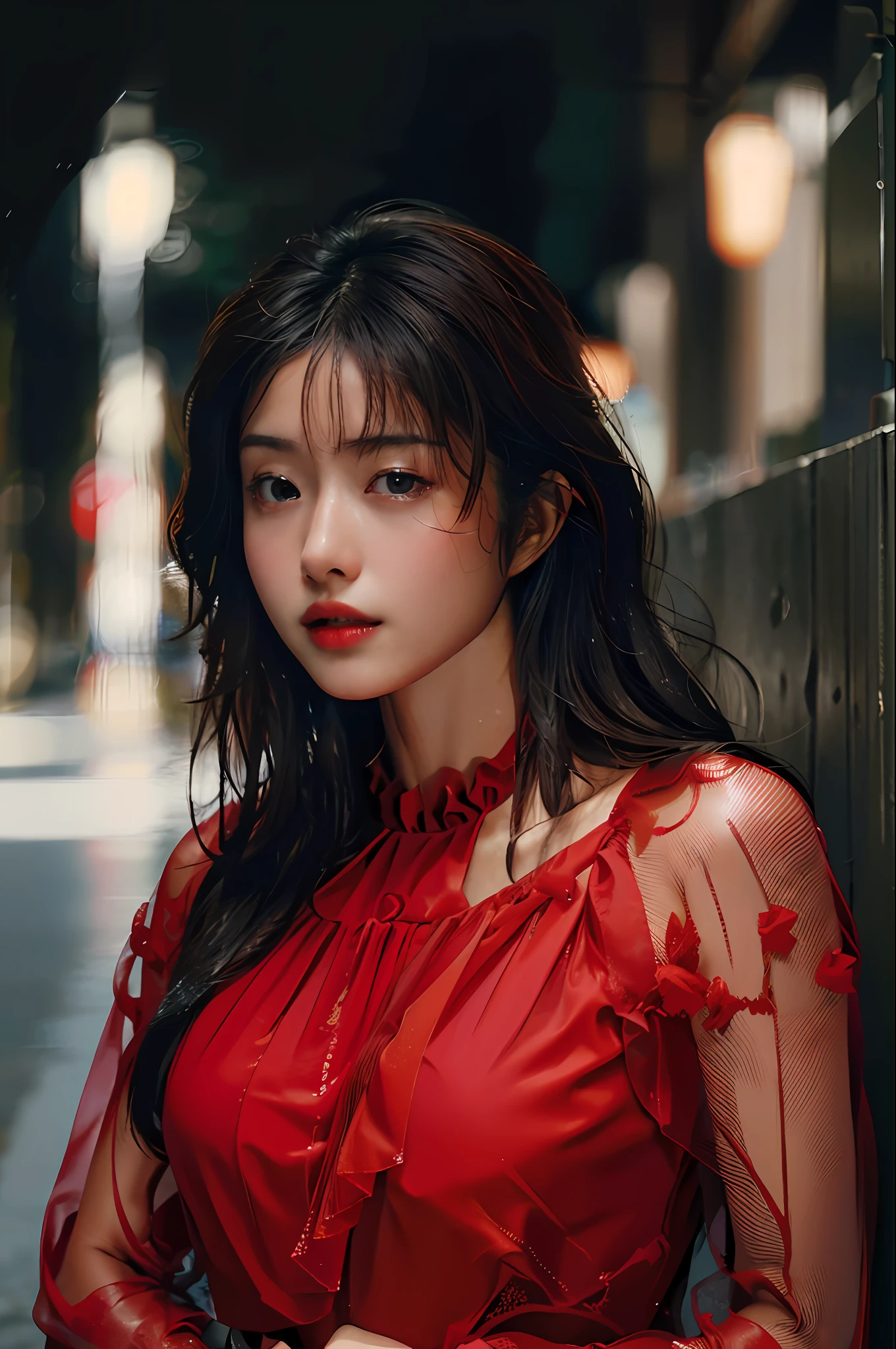 Top Quality, Masterpiece, Ultra High Resolution, (Photorealistic: 1.4), Raw Photo, 1 Girl, Dark Hair, Glossy Skin, WET BODY, Dramatic Lighting, Full Body,, Red Dress, Big