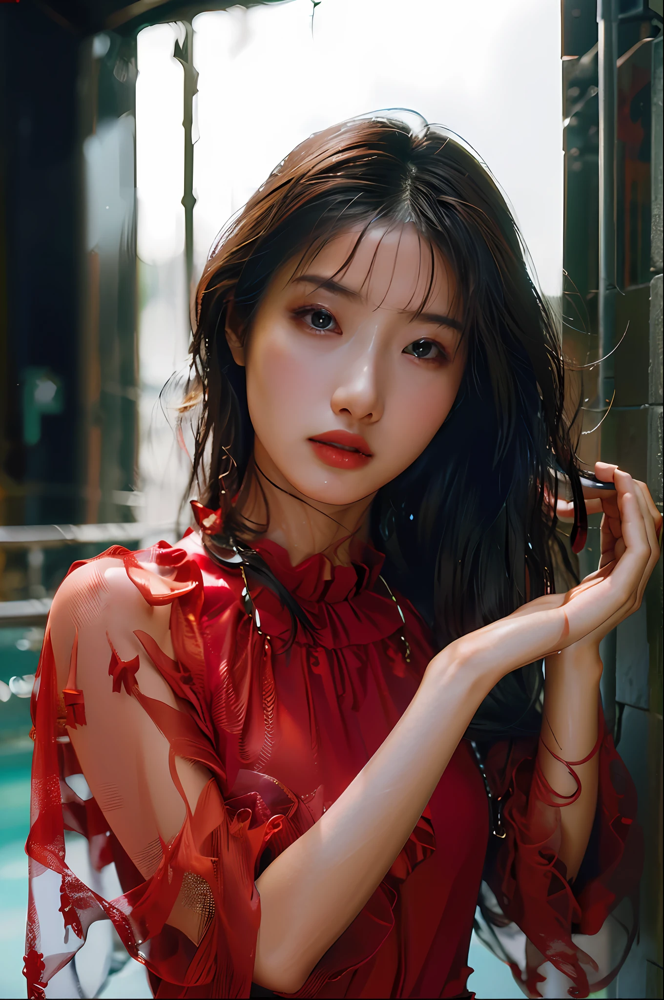 Top Quality, Masterpiece, Ultra High Resolution, (Photorealistic: 1.4), Raw Photo, 1 Girl, Dark Hair, Glossy Skin, WET BODY, Dramatic Lighting, Full Body,, Red Dress, Big