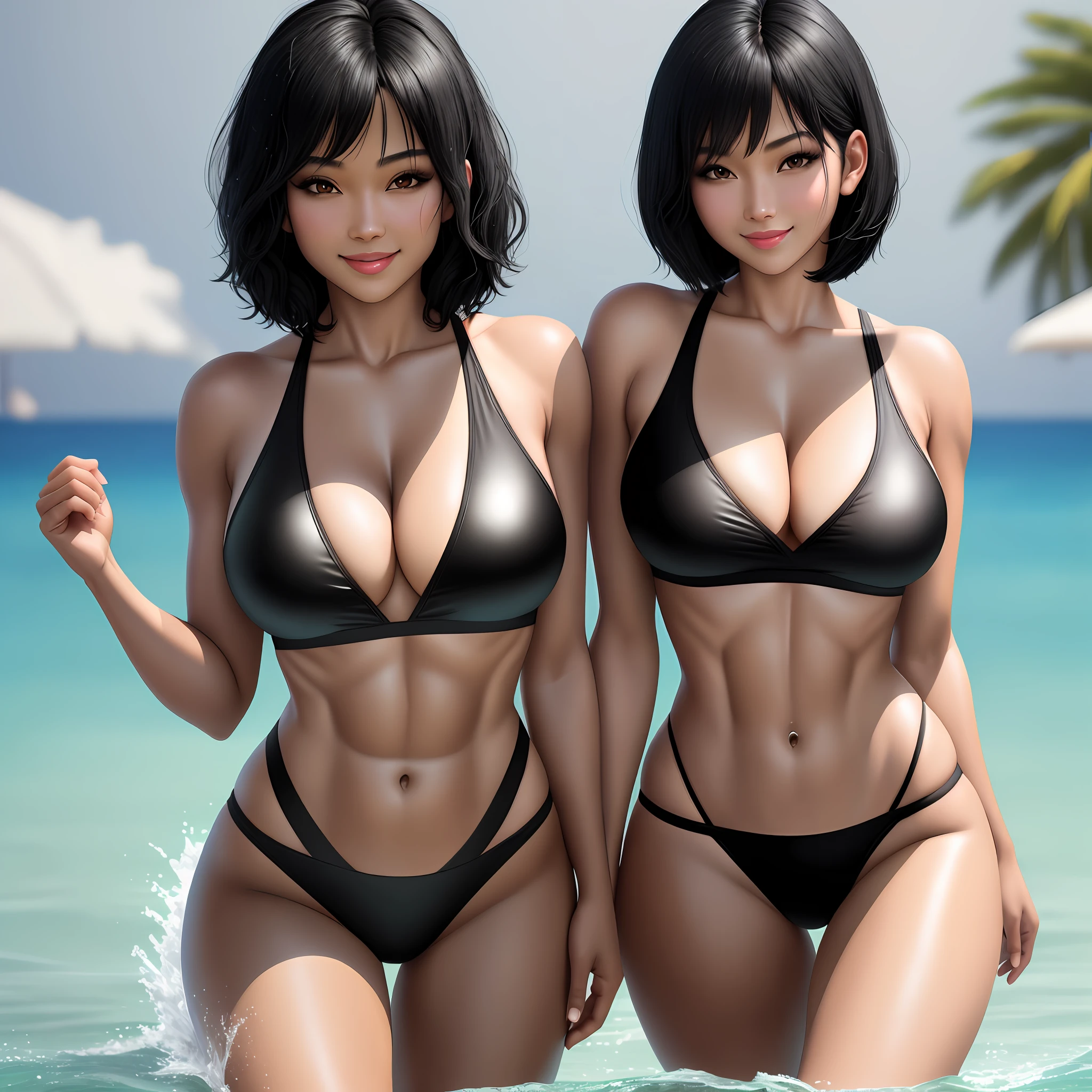 Realistic, Real Woman, Black Hair, Bob Hair, Abs, Kubire, Glamour, Best Quality, 8K, Sexy Swimwear, Gravure Idol, Cleavage, Sexy, Smile, Swimsuit That Bites Into As, Only Alone, Big, Wet Skin, Hygre, High Grade Model, Sex Appeal
