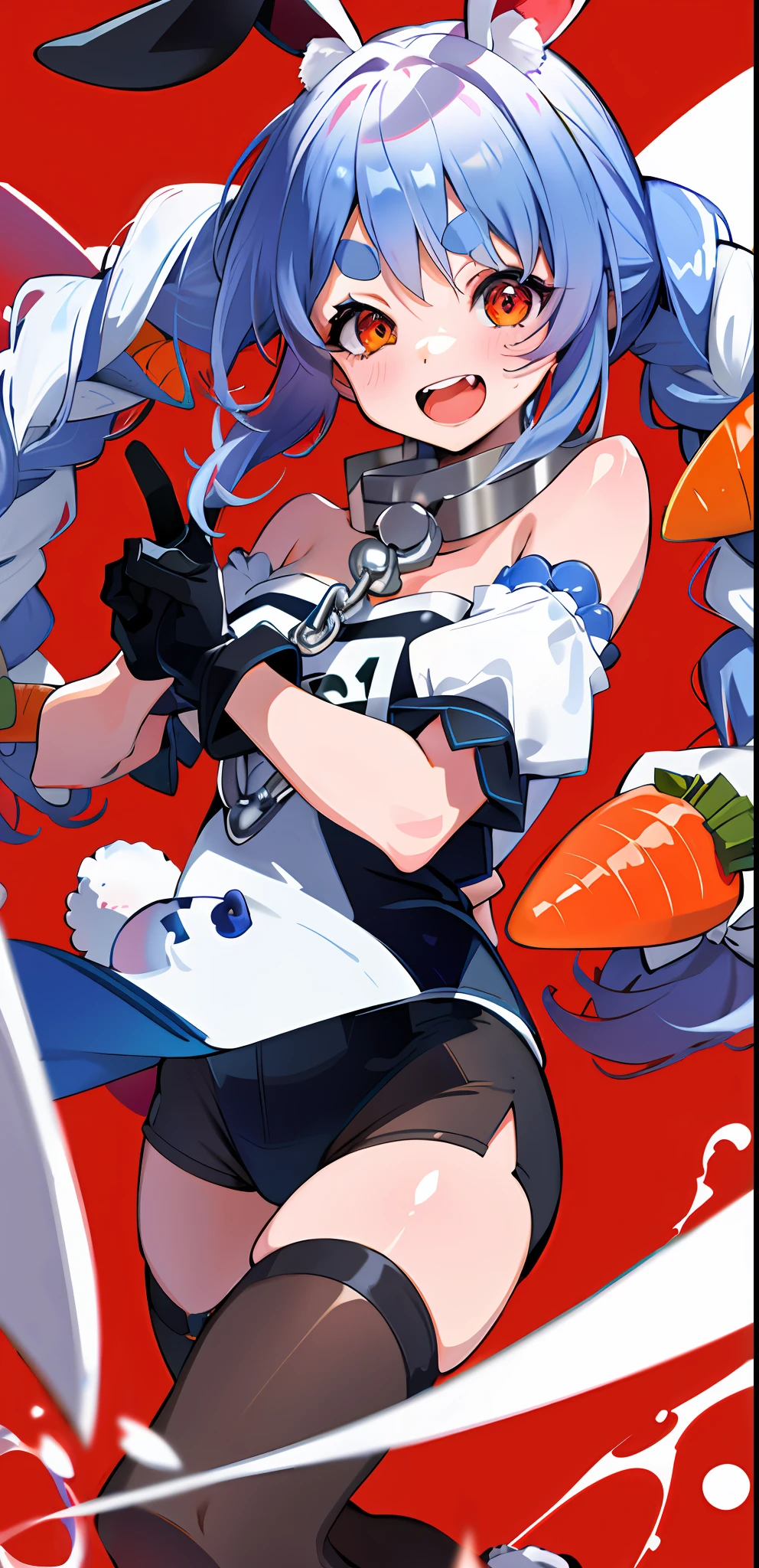 masterpiece, high quality, highres, absurdres, ultra-detailed, detailed eyes, 8k, ti-emb_kobo-kanaeru, 1girl, colorful eyes, fangs, open mouth, bangs, colorful background, looking at viewer, vibrant, contrast, red hair, red hair, gradient hair, happy, graffiti wall background, water splash, close up, ultra-detailed), prison1, one eye closed, solo, hair ornament, gloves, v, braid, blue hair, open mouth, carrot hair ornament, food-themed hair ornament, rabbit ears, animal ears, double v, smile, twin braids, looking at viewer, long hair, black gloves, white hair, thick eyebrows, multicolored hair, blush, don-chan (usada pekora), rabbit girl, two-tone hair, twintails, orange eyes