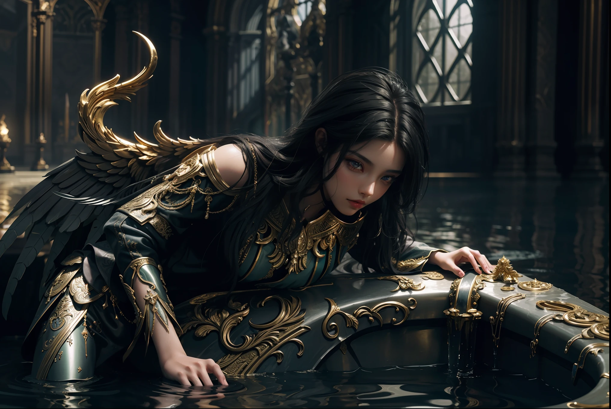 attractive dark_angel boy interact with dark_angel of goddess girl standing in liquid gold water, fantasy, beautiful, 4k, hd, epic, dreamy, ethereal, detailed and intricate, hypermaximalist, elegant details, divine fantasy aesthetic, epic cinematic view, attractive boy, high detailed, realism, octane render, volumetric soft light, post processing, denoise, 8k