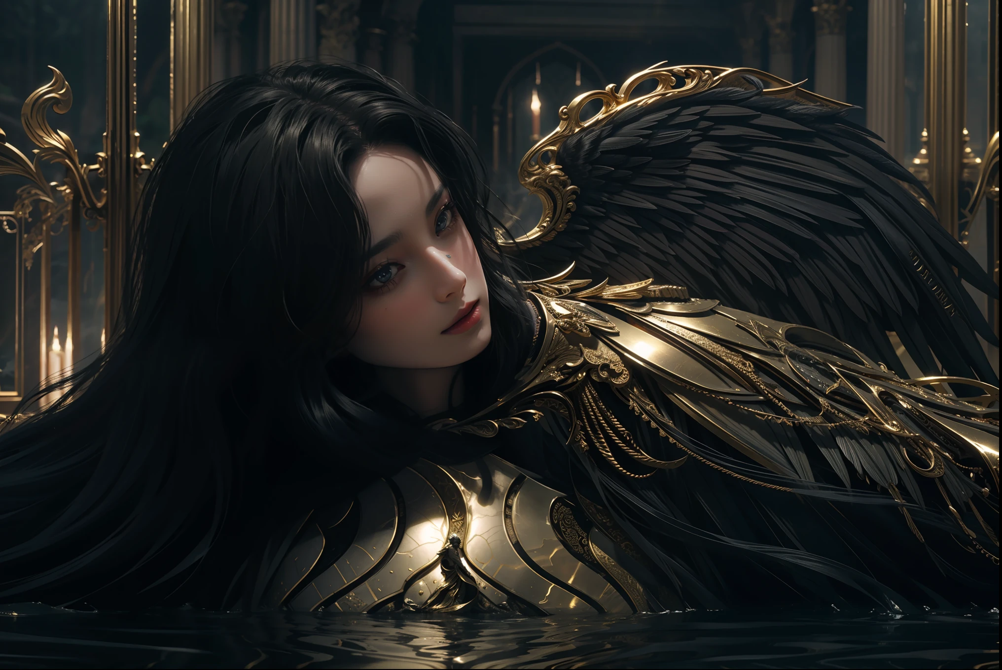 attractive dark_angel boy interact with dark_angel of goddess girl standing in liquid gold water, fantasy, beautiful, 4k, hd, epic, dreamy, ethereal, detailed and intricate, hypermaximalist,  elegant details, divine fantasy aesthetic, epic cinematic view, attractive boy, high detailed, realism, octane render, volumetric soft light, post processing, denoise, 8k